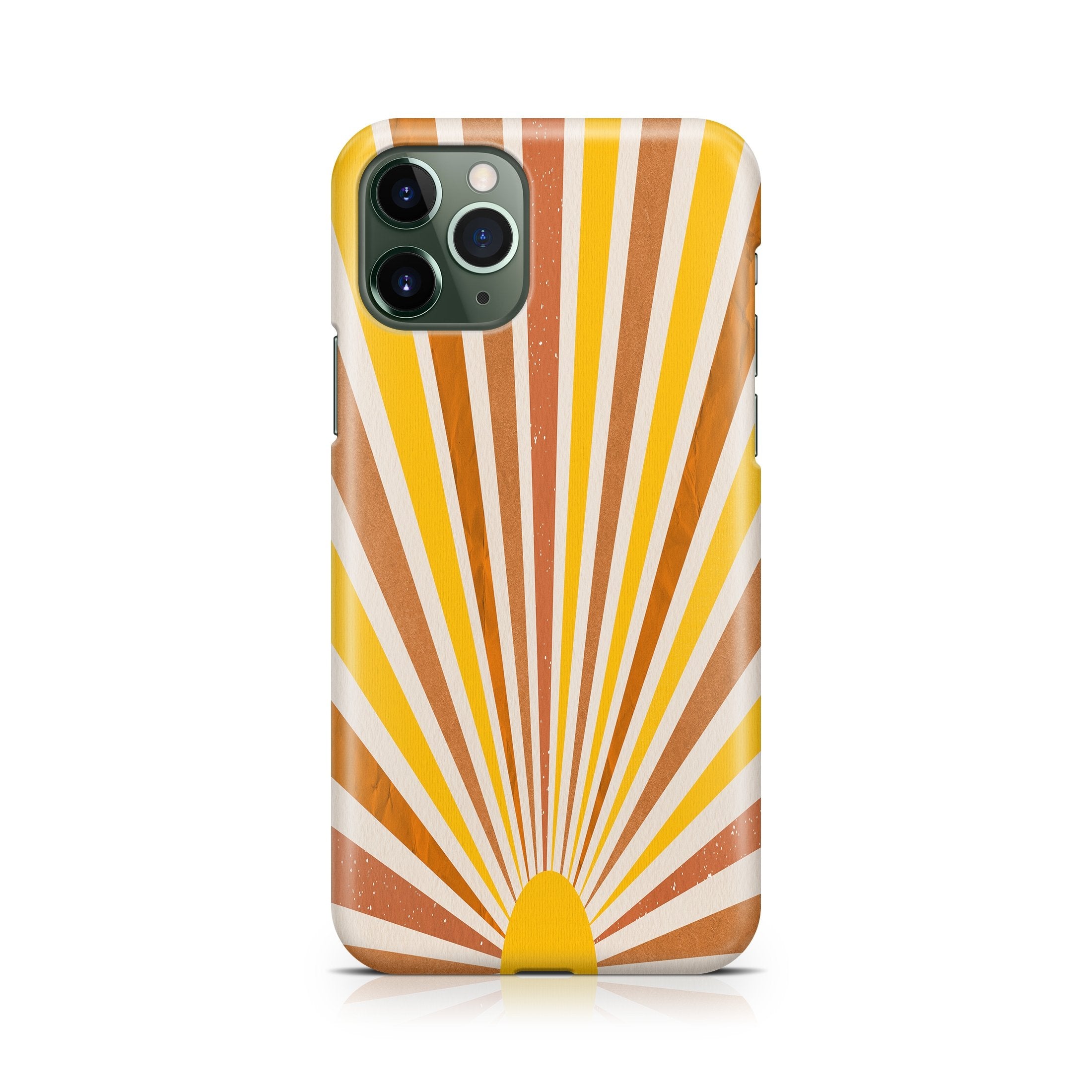 Phone case with sunburst design in orange, yellow, and white on a white background