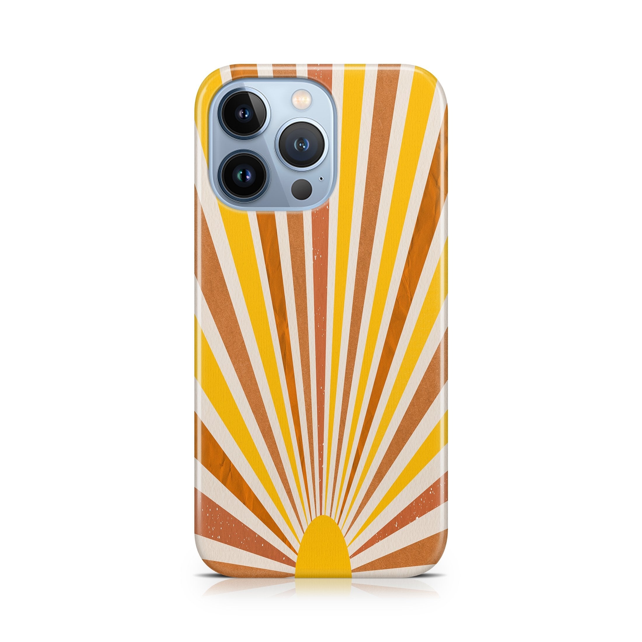 Phone case with sunburst design in orange, yellow, and white on a white background