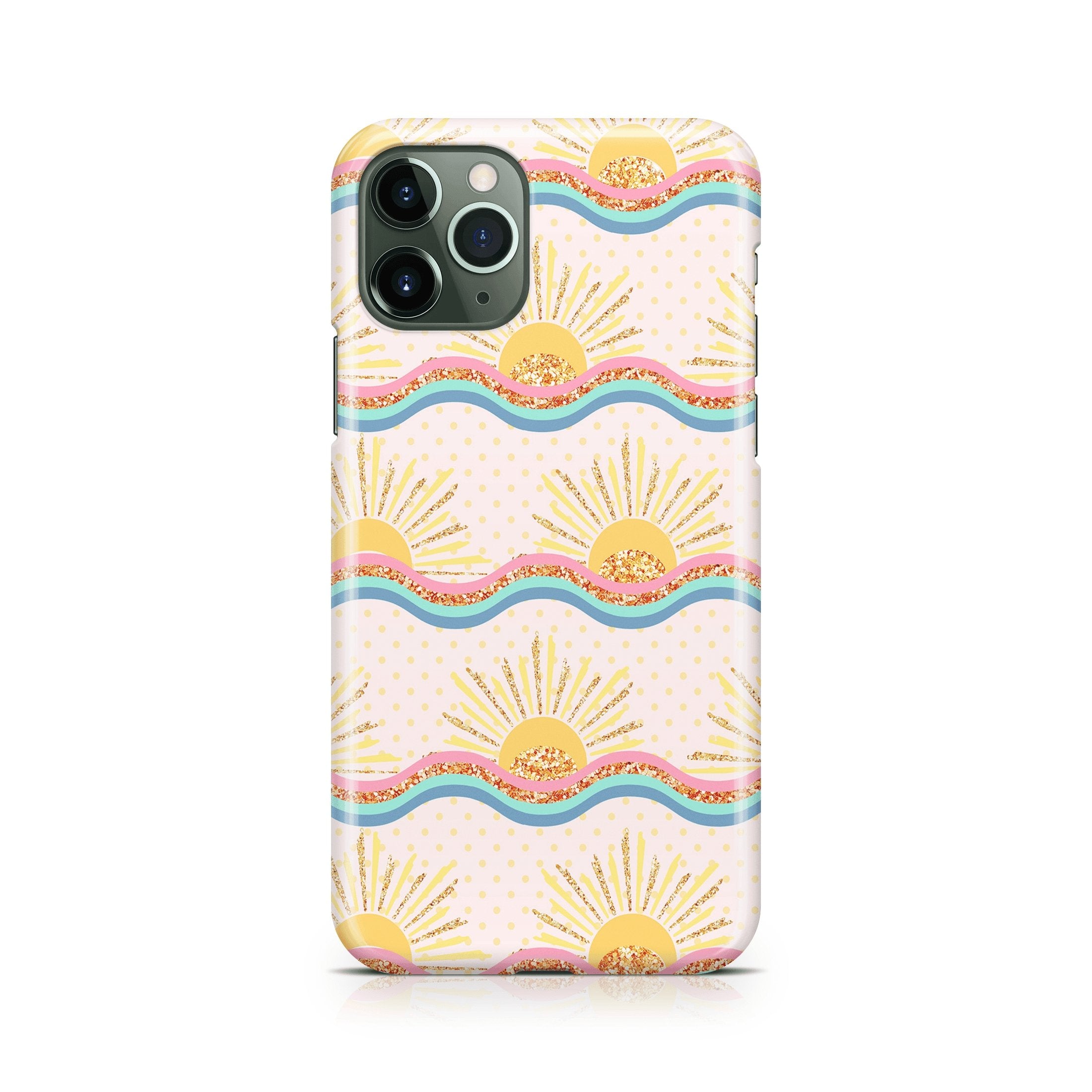 Phone case with sun and wave pattern on a white background