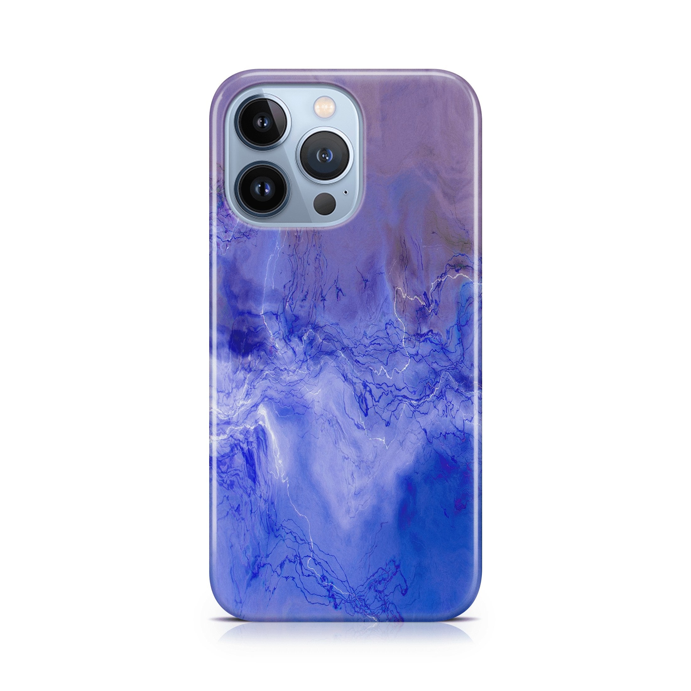 Blue and purple marble phone case on a white background