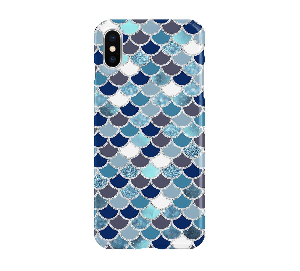 Phone case with blue and gray mermaid scale pattern on a white background