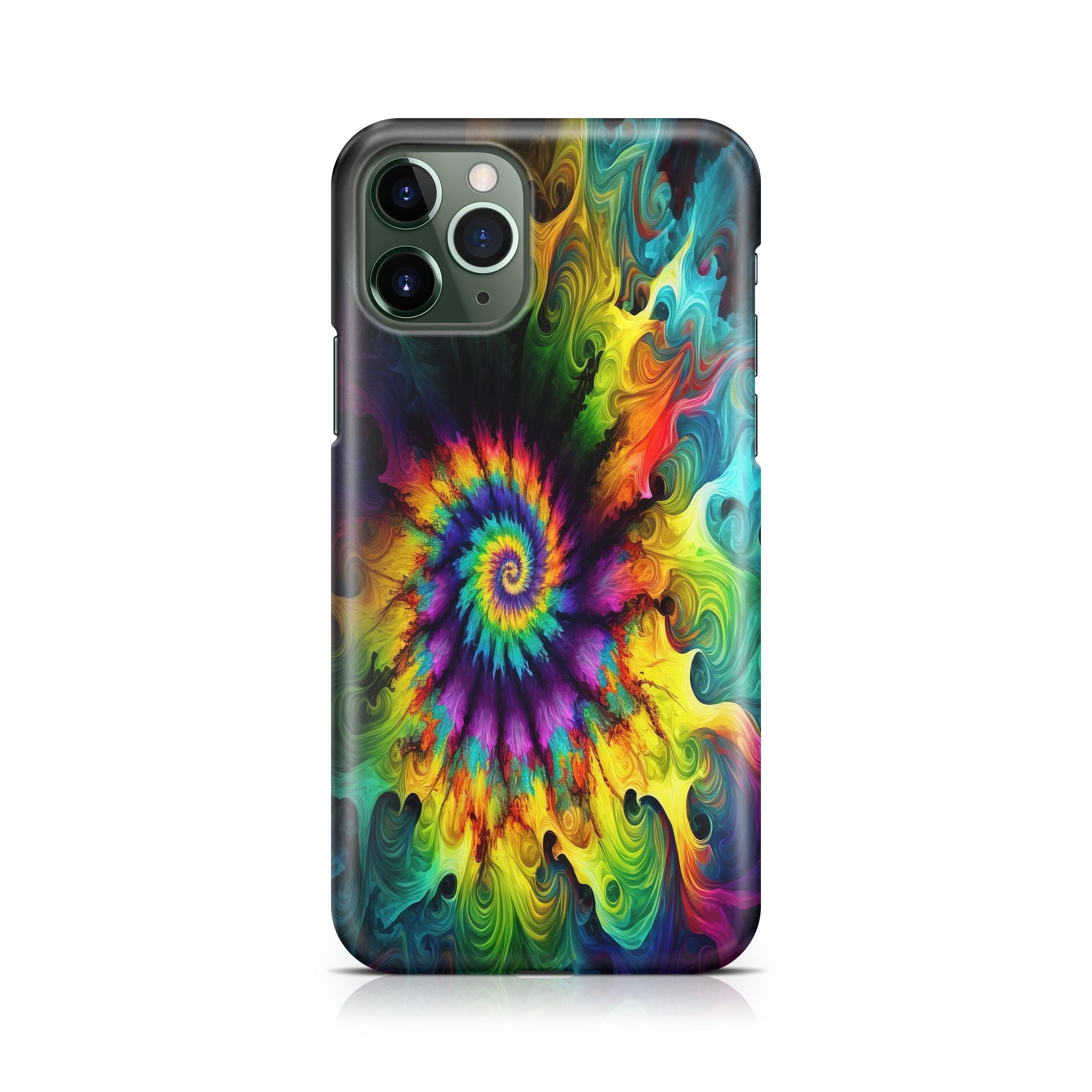 Phone case with a colorful tie-dye design on a white background