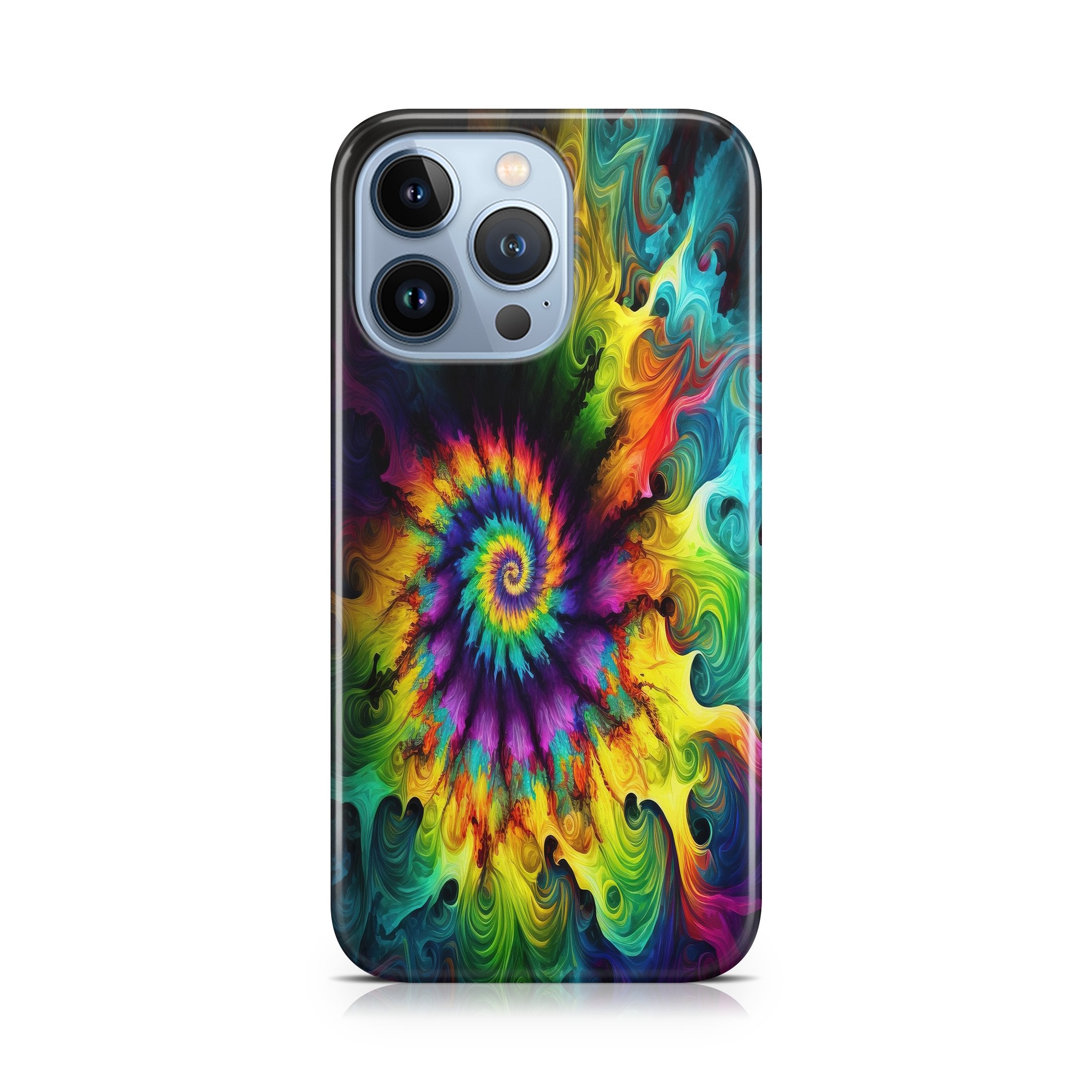 Phone case with a colorful tie-dye design on a white background