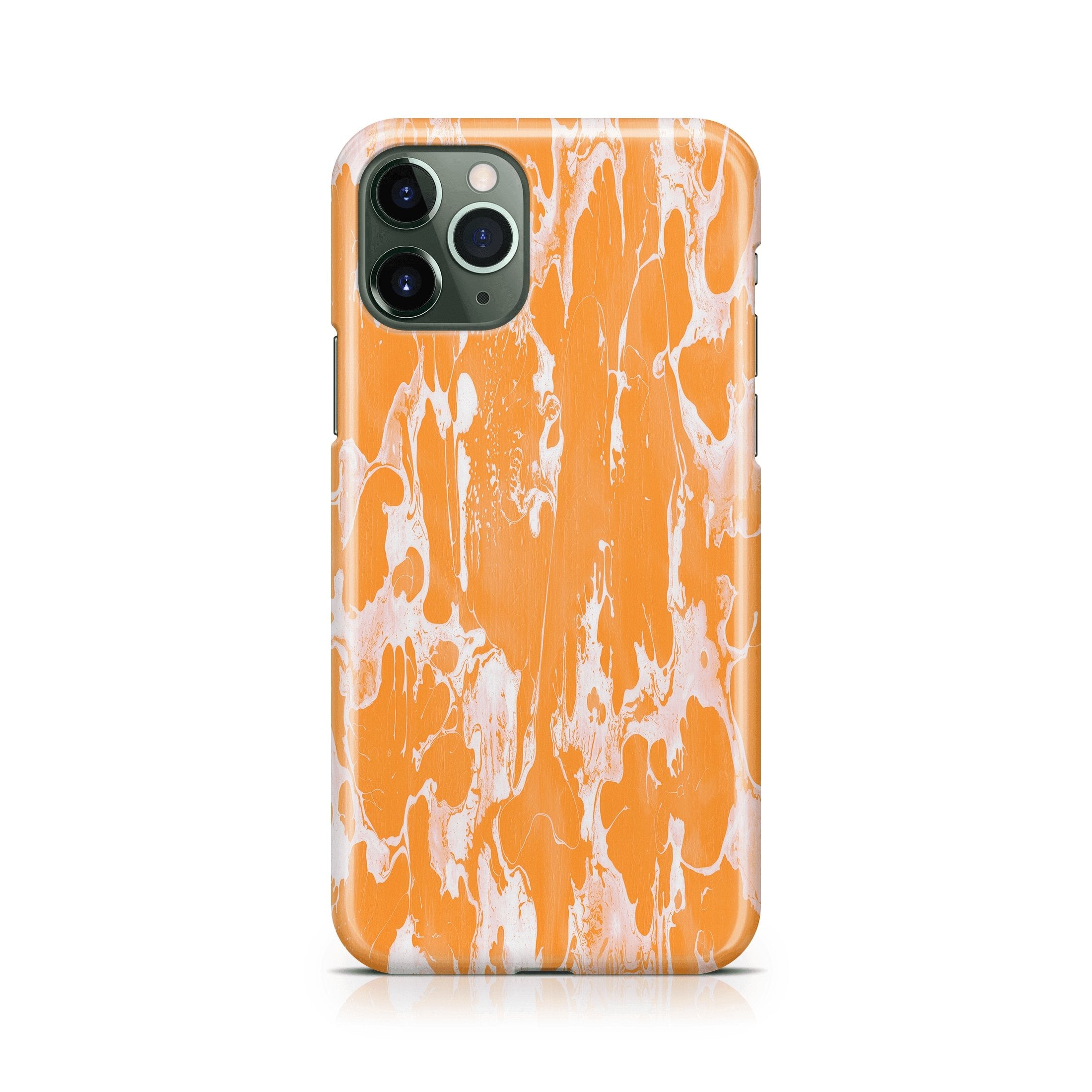 Phone case with orange and white marble pattern on a white background
