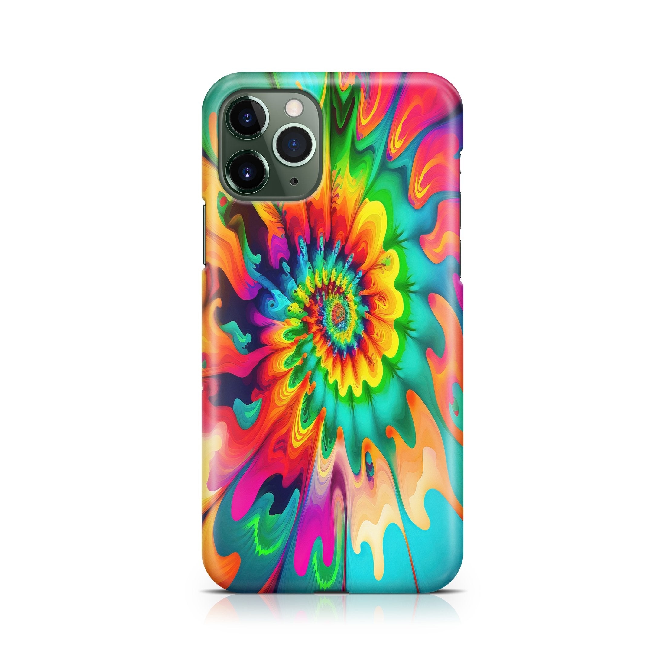 Phone case with a vibrant tie-dye design on a white background