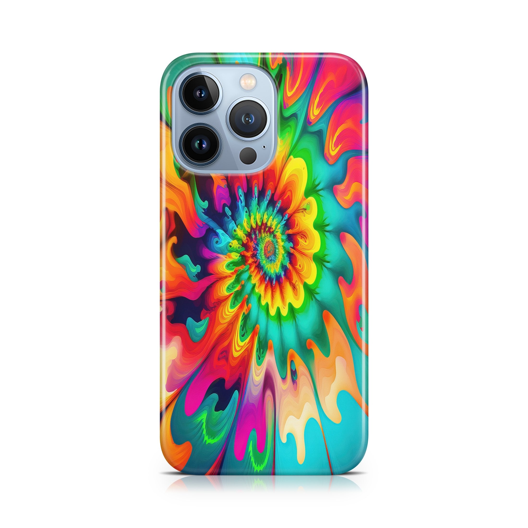 Phone case with a vibrant tie-dye design on a white background
