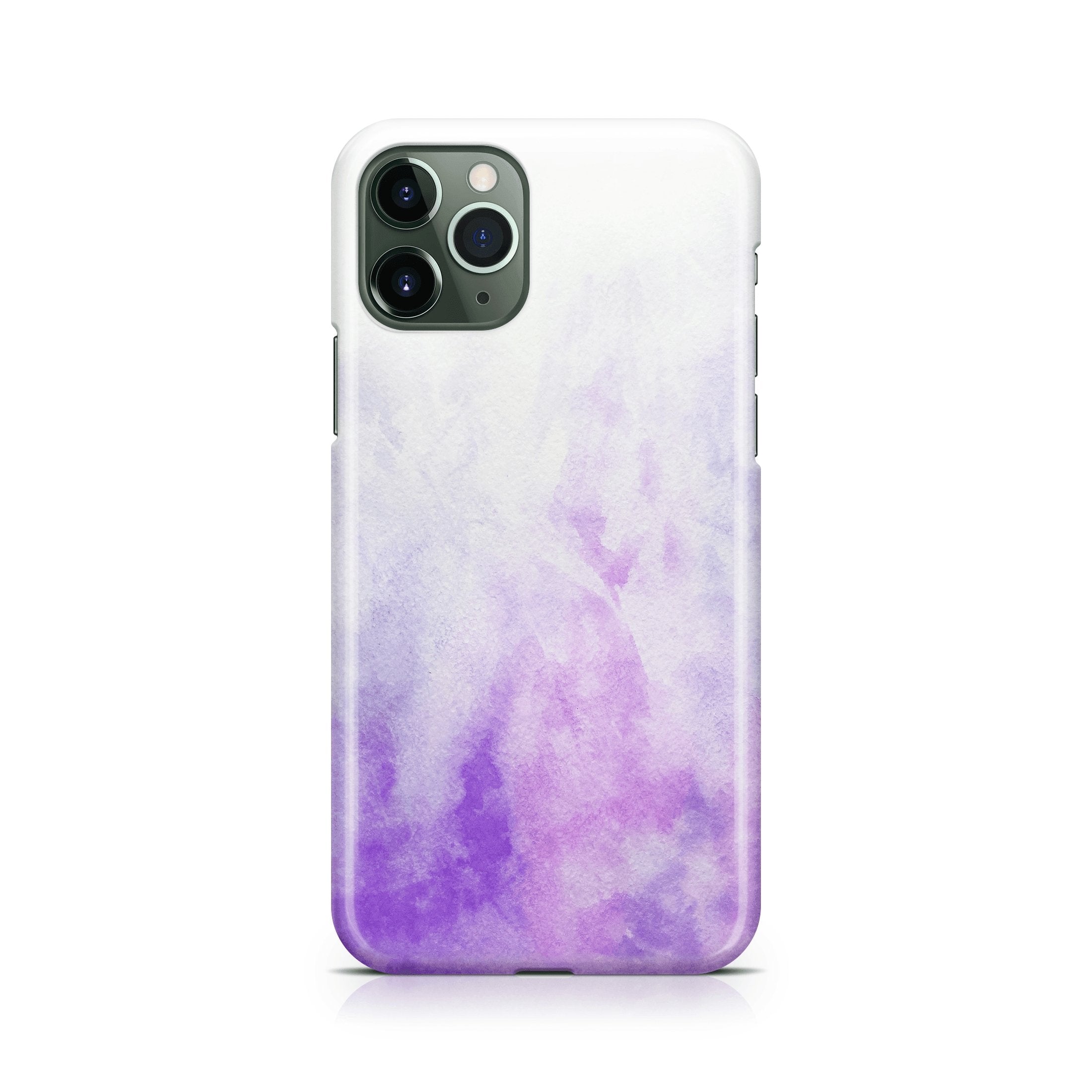 Phone case with a purple and white tie-dye design on a white background