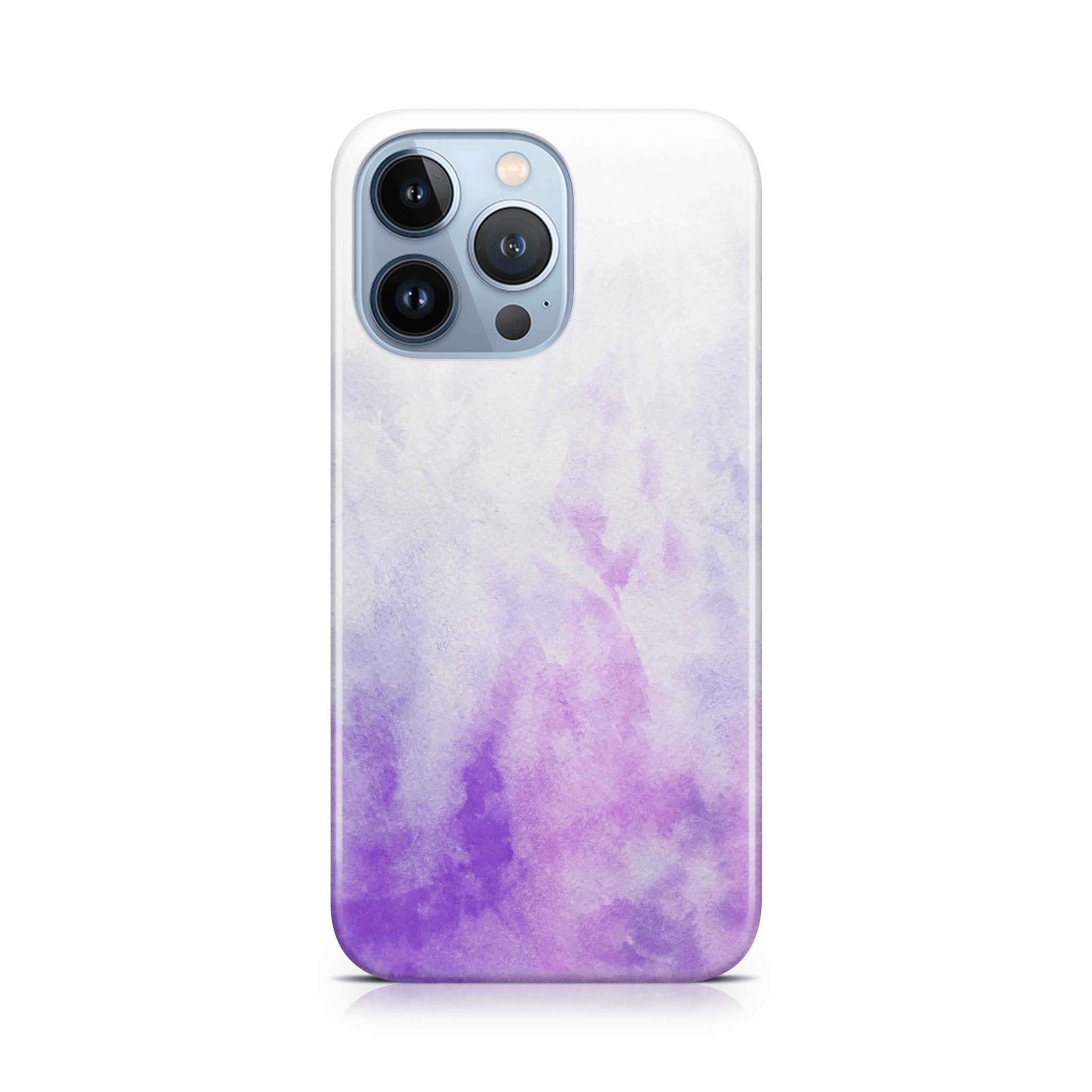 Phone case with a purple and white tie-dye design on a white background