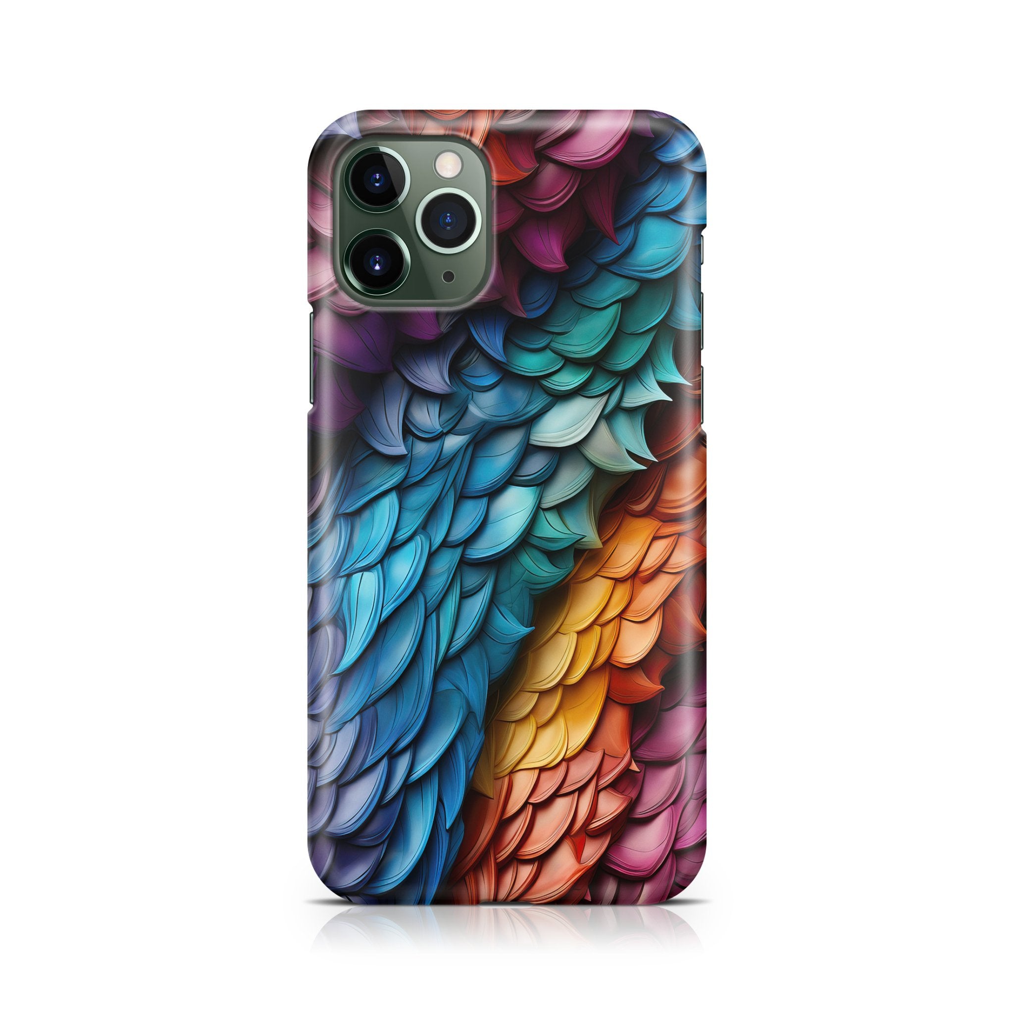 Phone case with colorful scale pattern on a white background