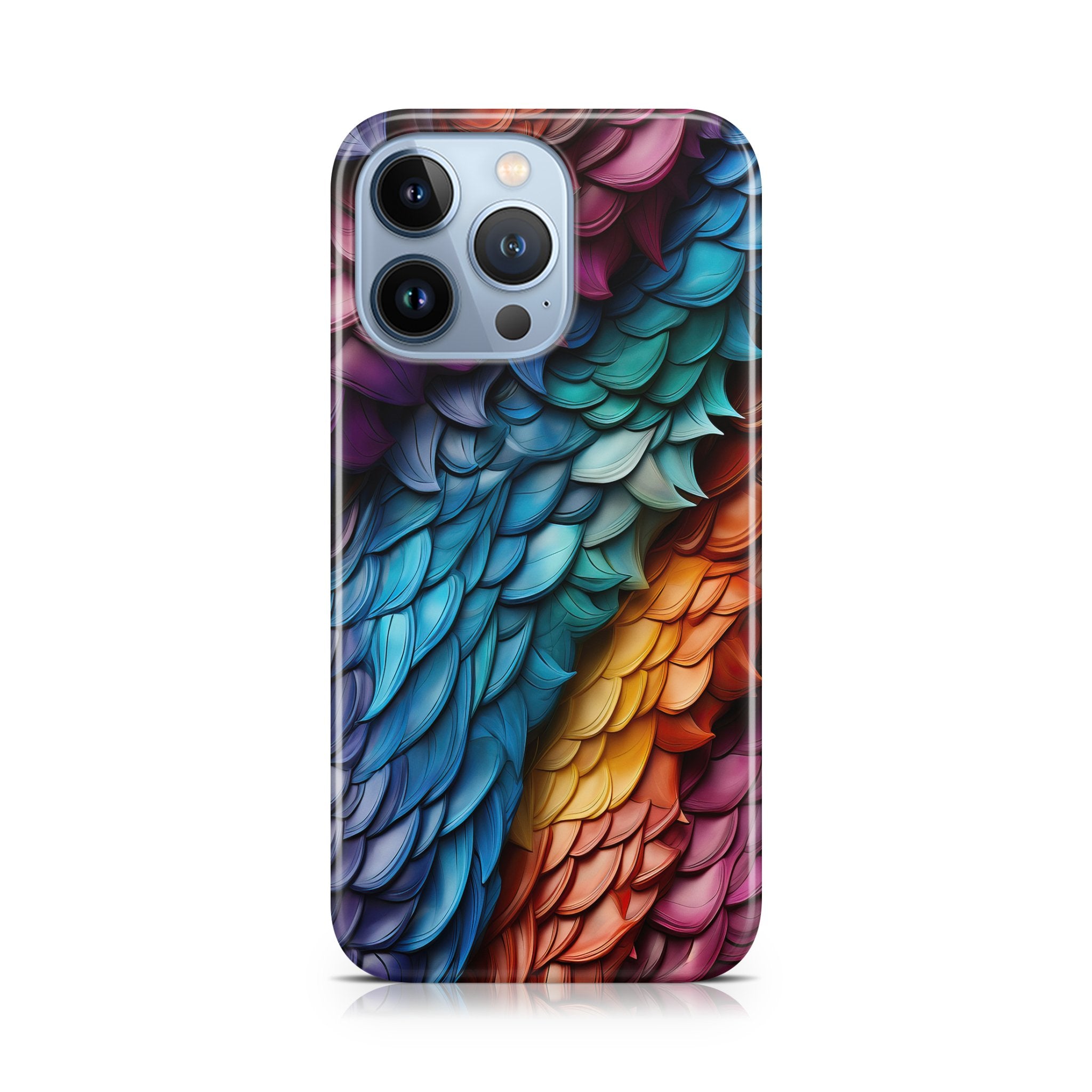 Phone case with colorful scale pattern on a white background