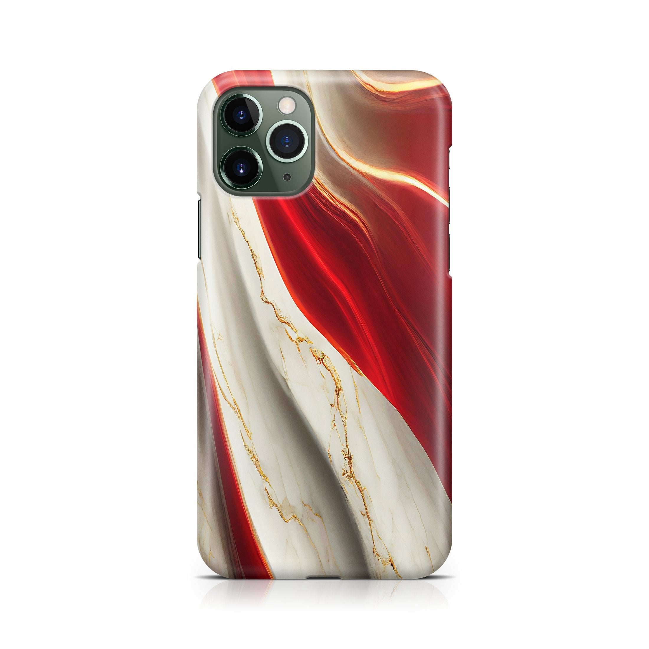 Phone case with red and beige marble pattern on a white background