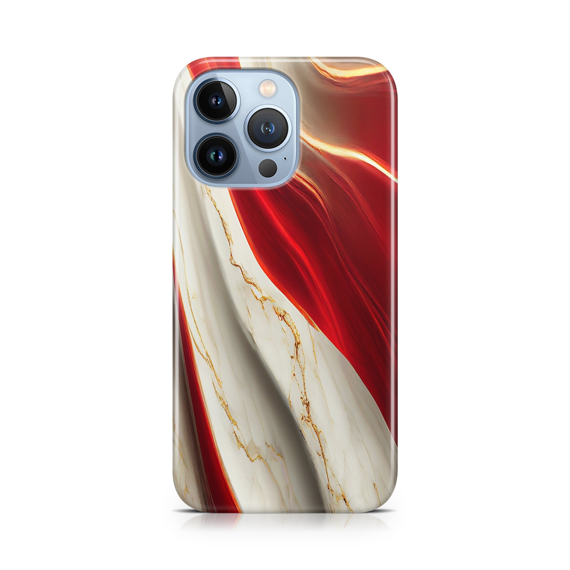 Phone case with red and beige marble pattern on a white background