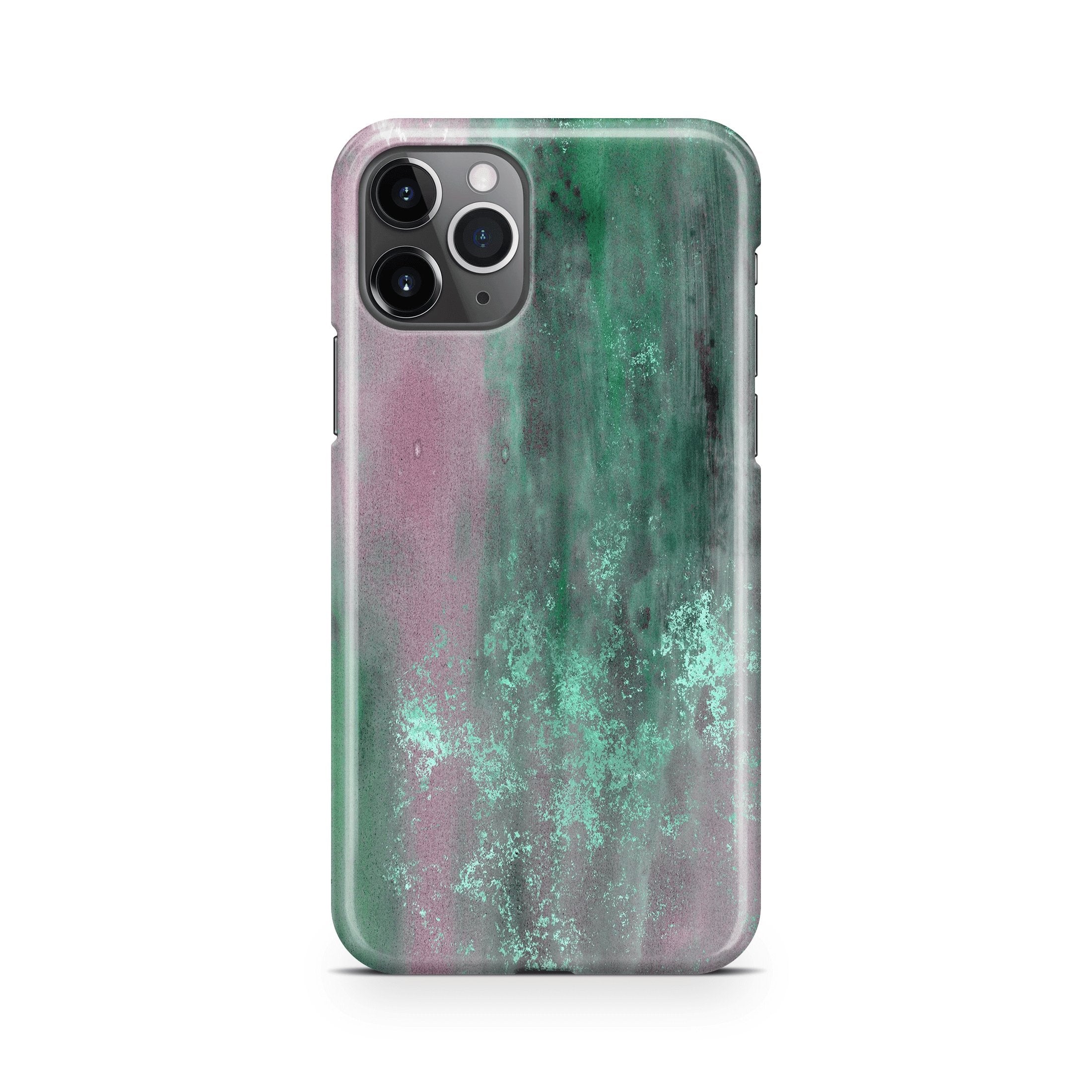 Phone case with a green and grey patina metal pattern on a white background