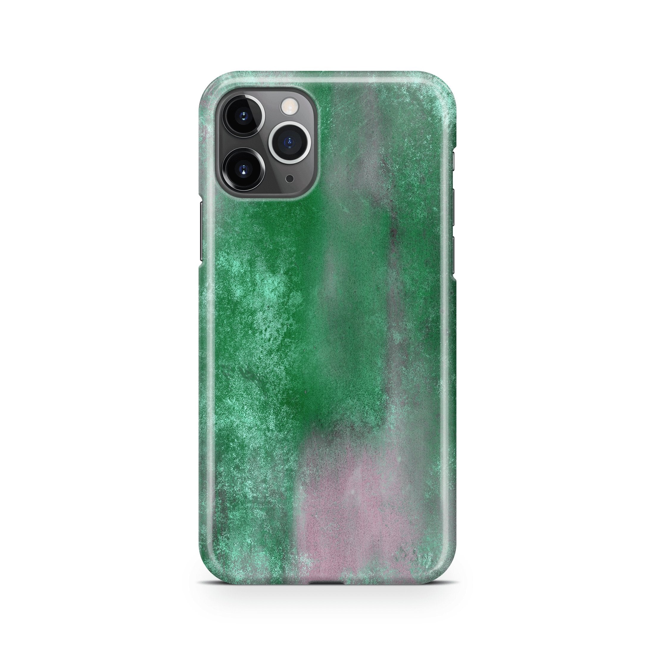 Green and grey metal patina phone case on a white background