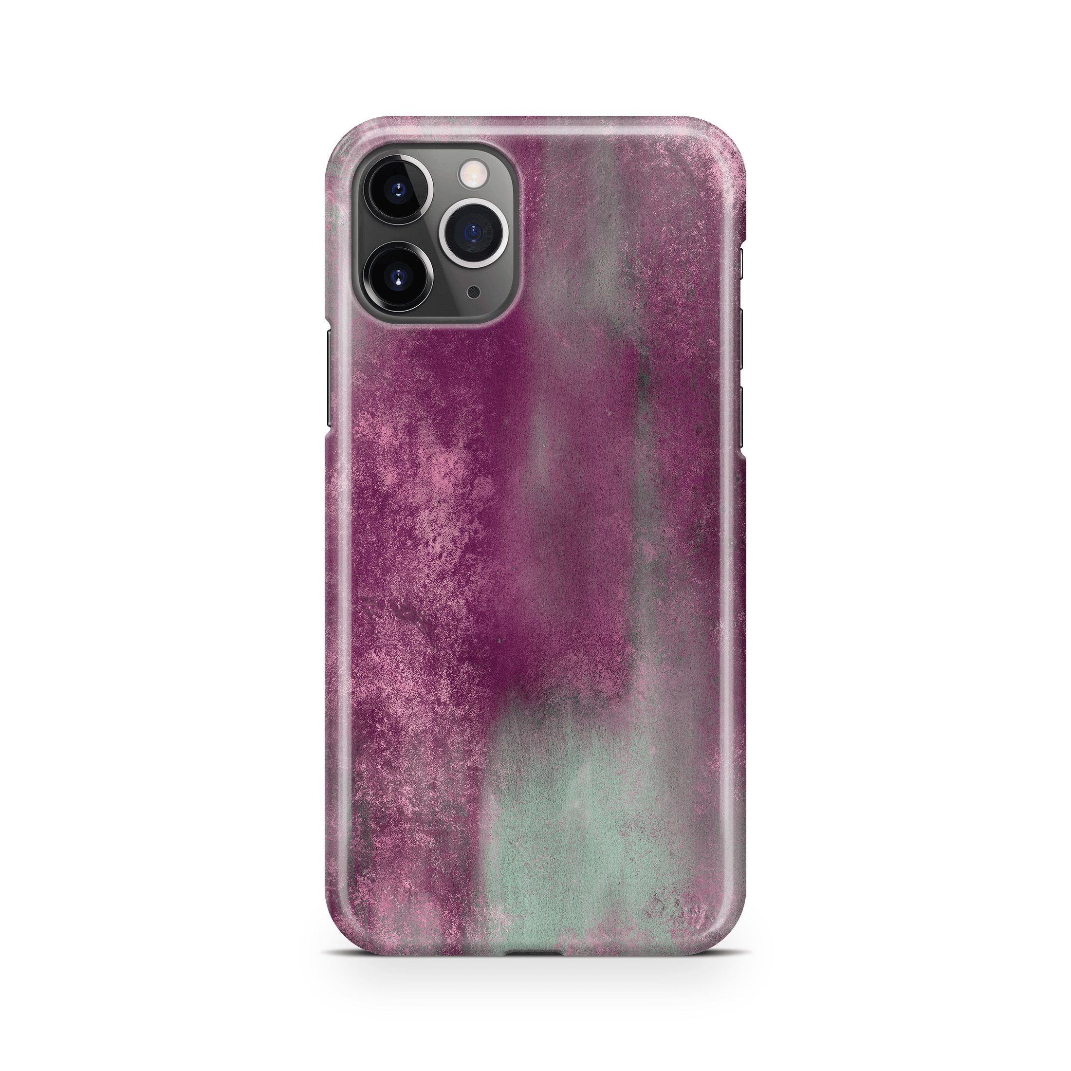 Phone case with a purple and grey patina metal pattern on a white background