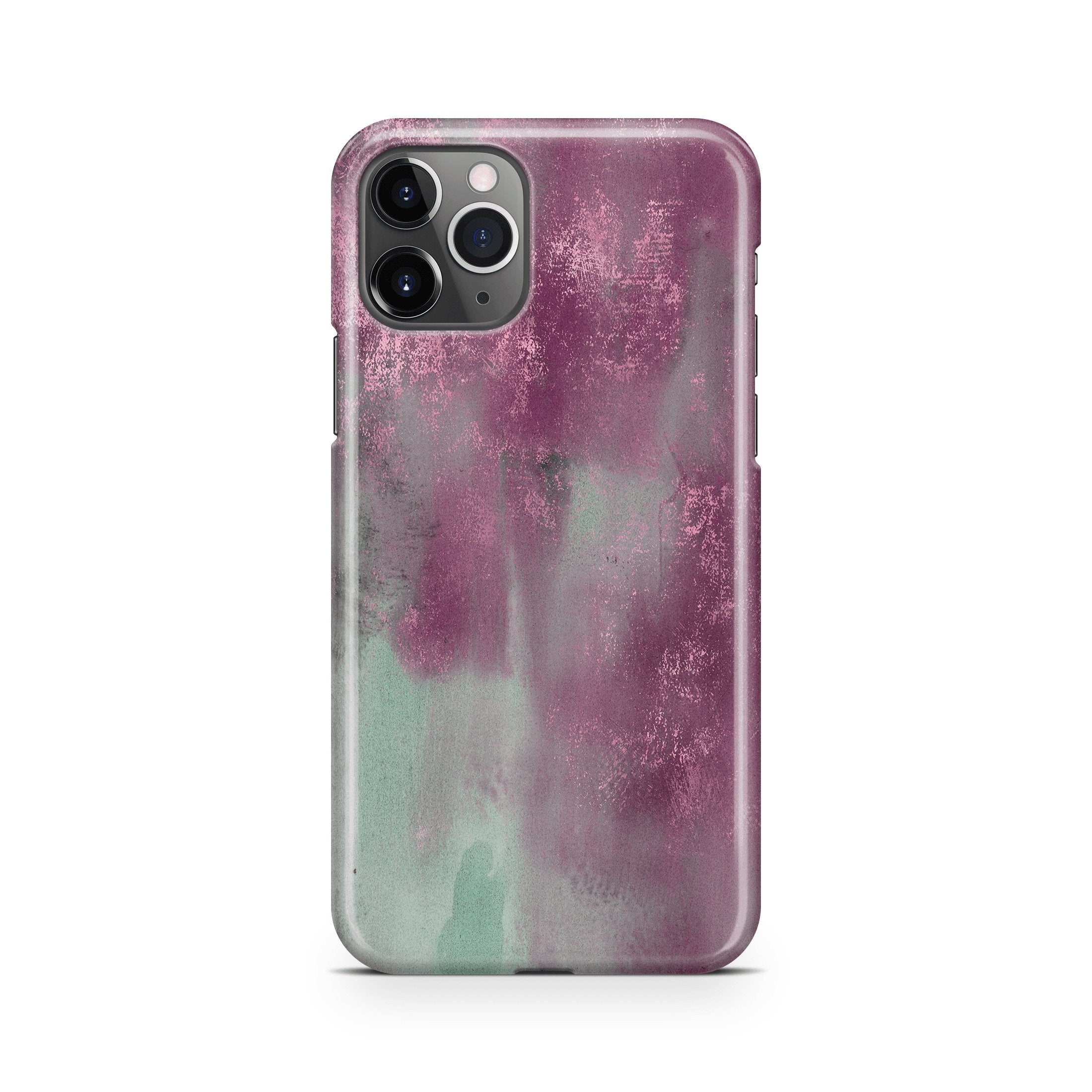 Phone case with a pink and grey patina metal abstract design on a white background