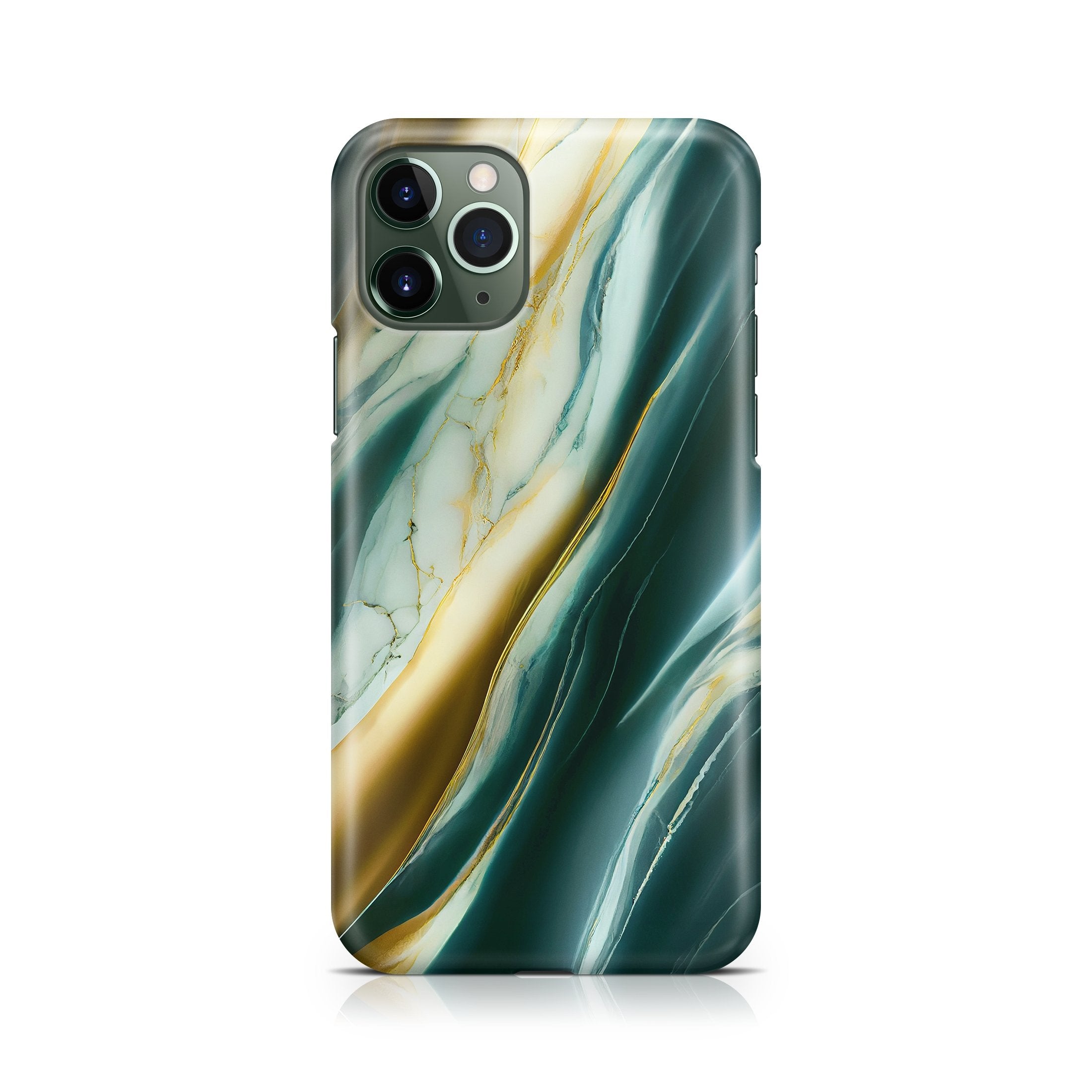 Phone case with a green and gold marble pattern on a white background