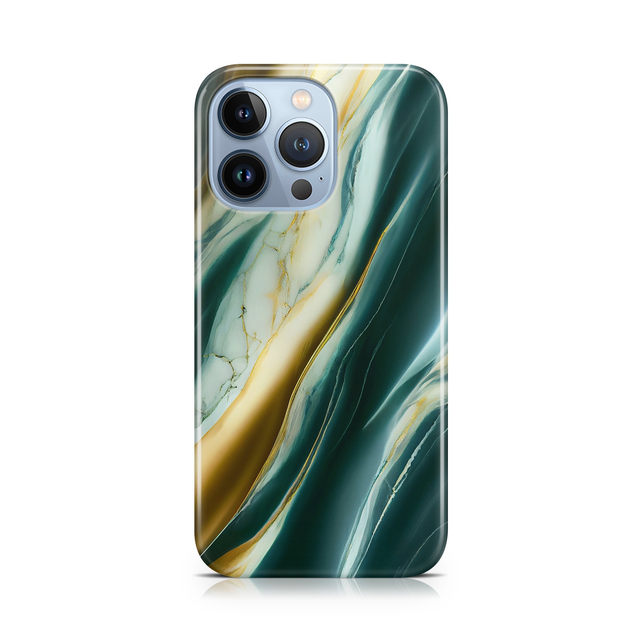 Phone case with a green and gold marble pattern on a white background