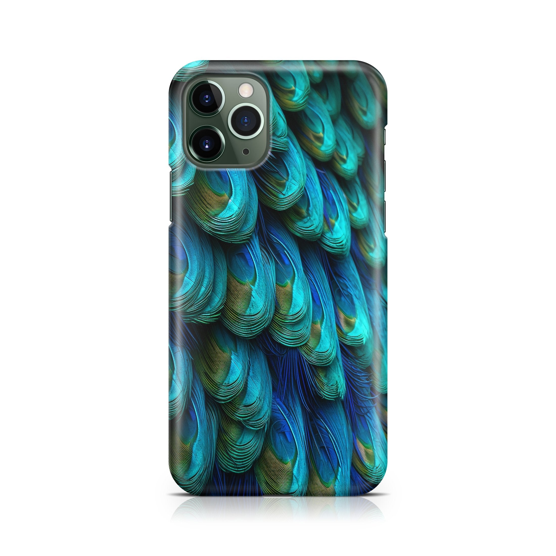 Phone case with blue and greeen dragonscale design on a white background