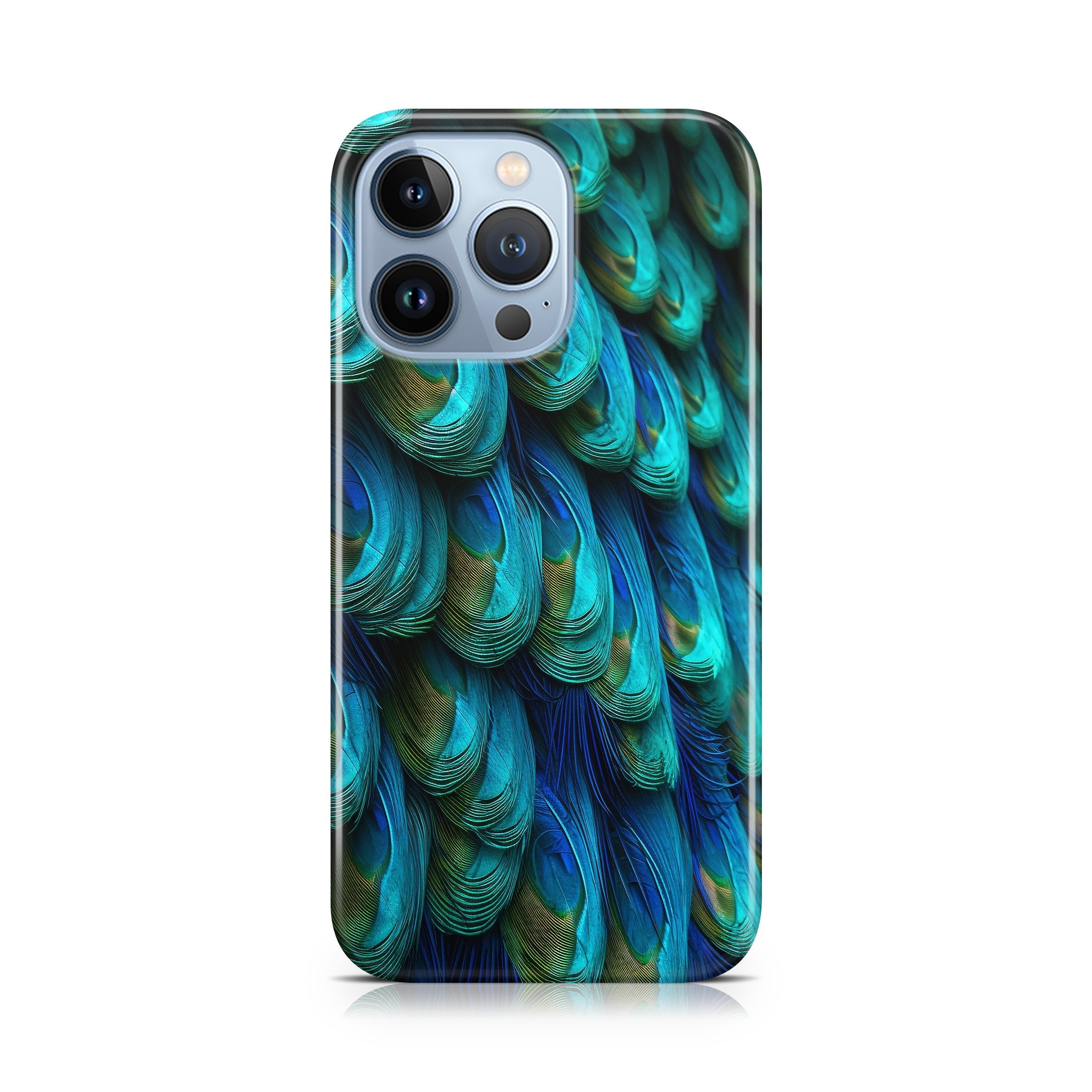 Phone case with blue and greeen dragonscale design on a white background