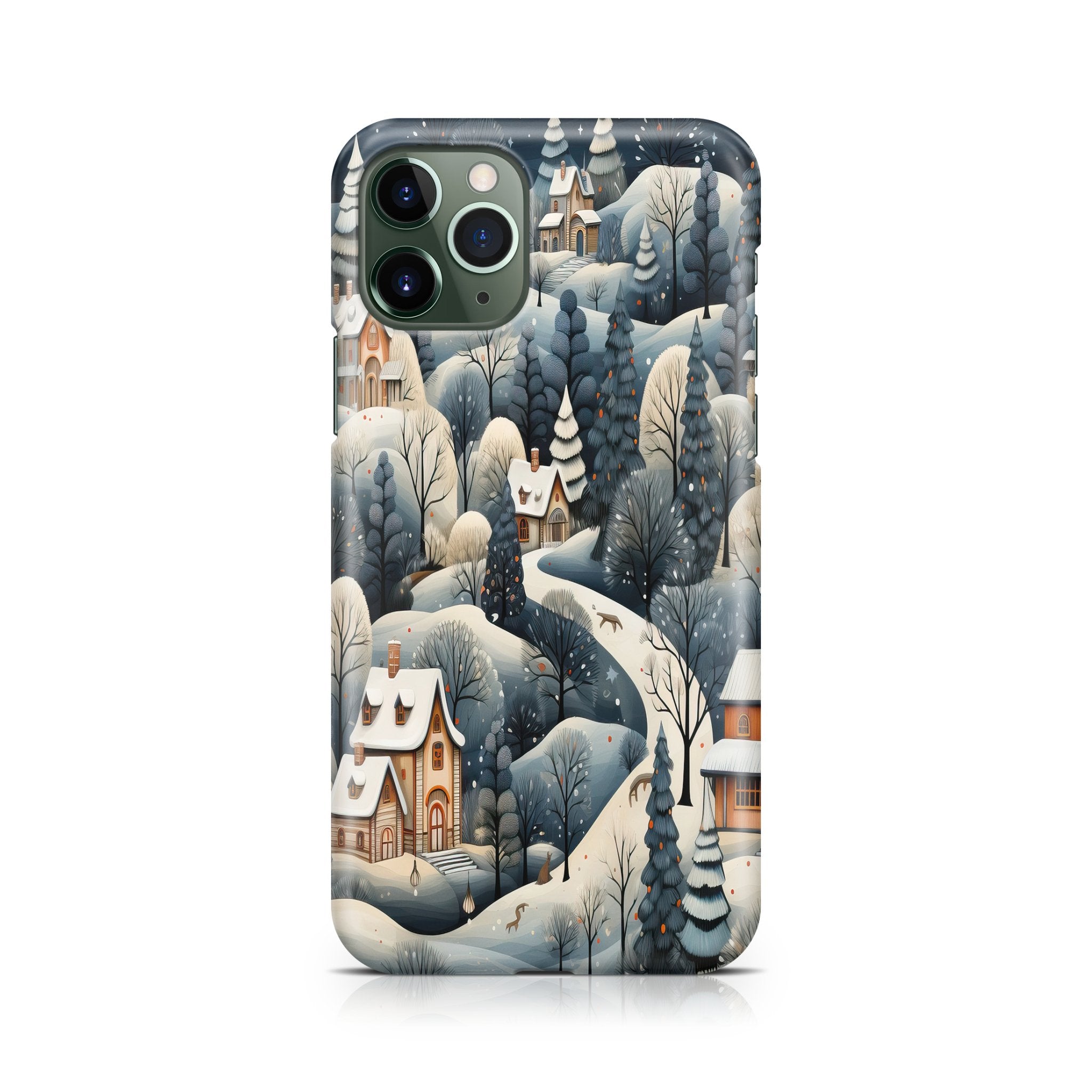 Phone case with a winter village design on a white background