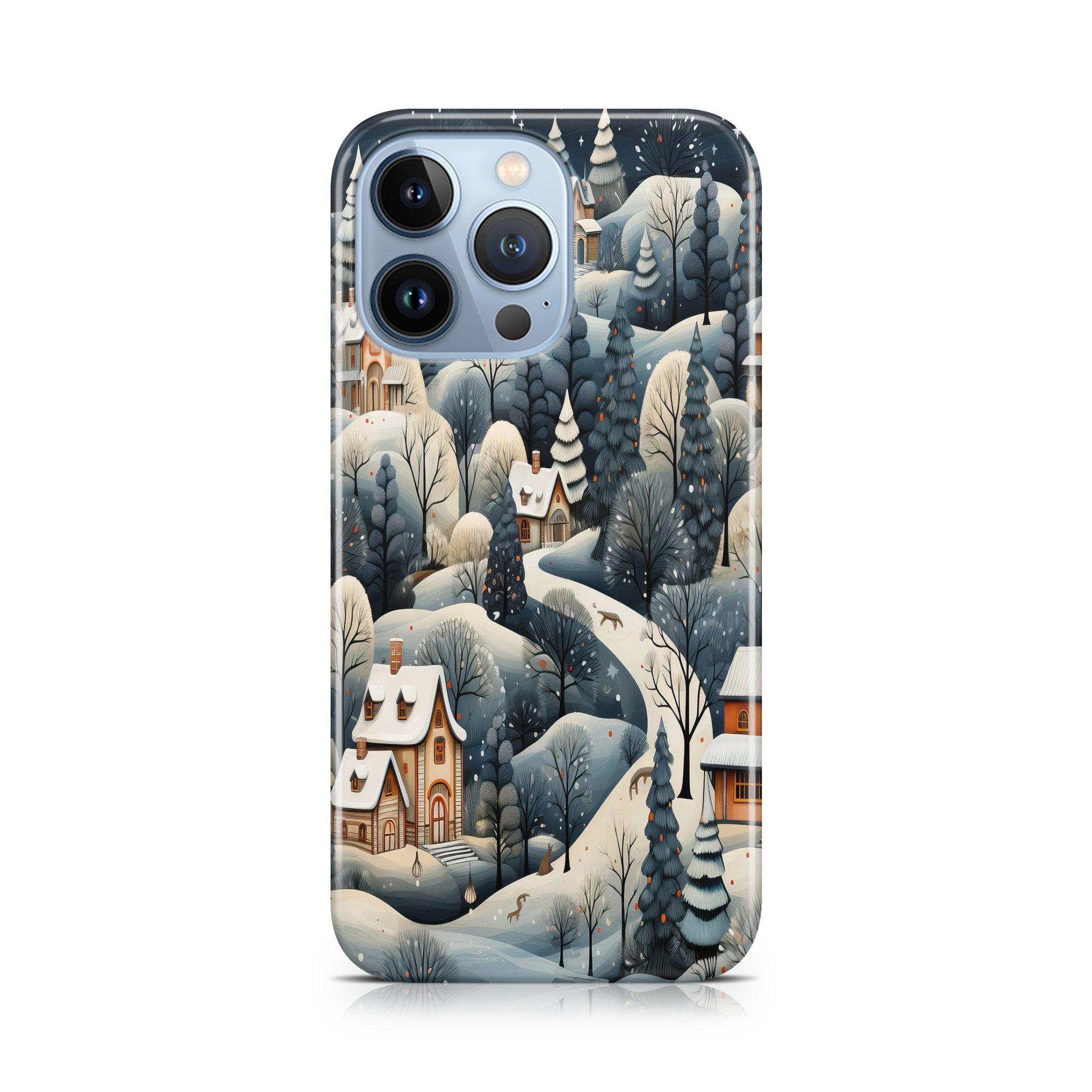 Phone case with a winter village design on a white background
