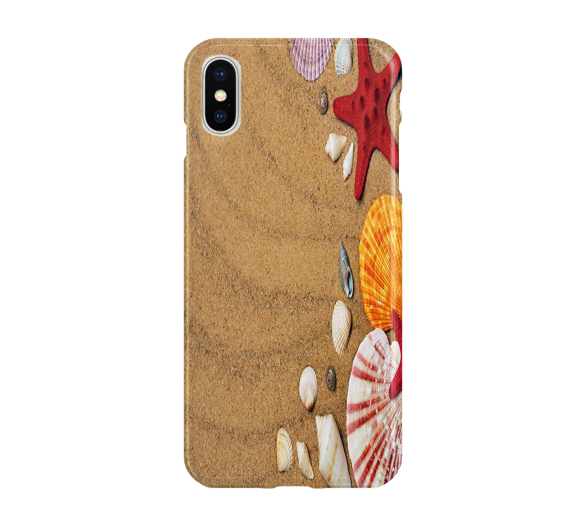 Phone case with beach-themed design featuring shells and a starfish on a sand background
