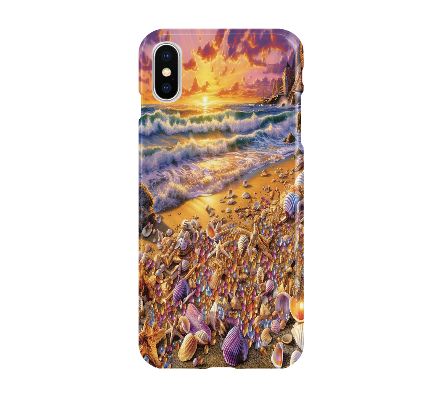 Phone case with a beach scene featuring shells and a sunset.