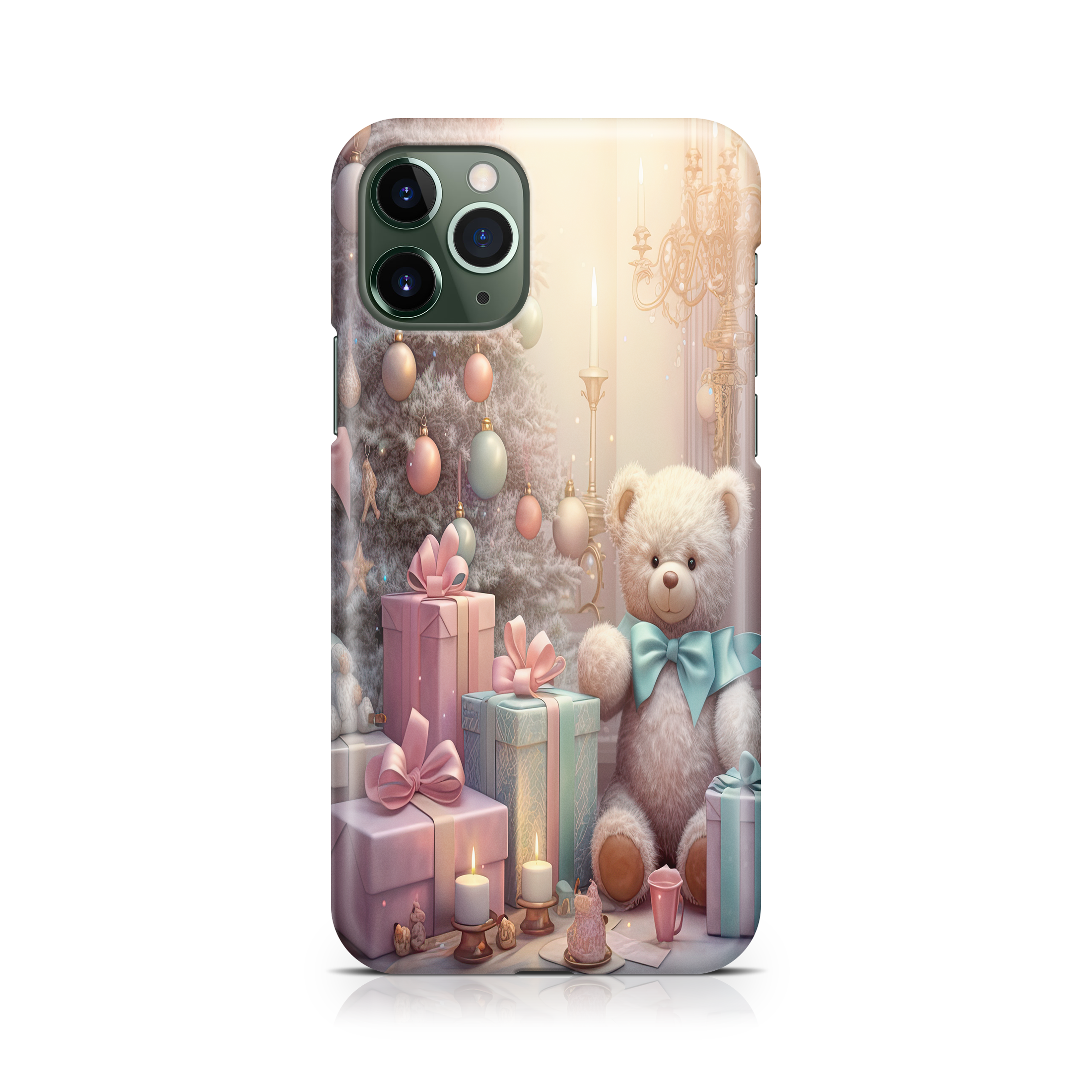 Phone case with a teddy bear and gift boxes design on a white background