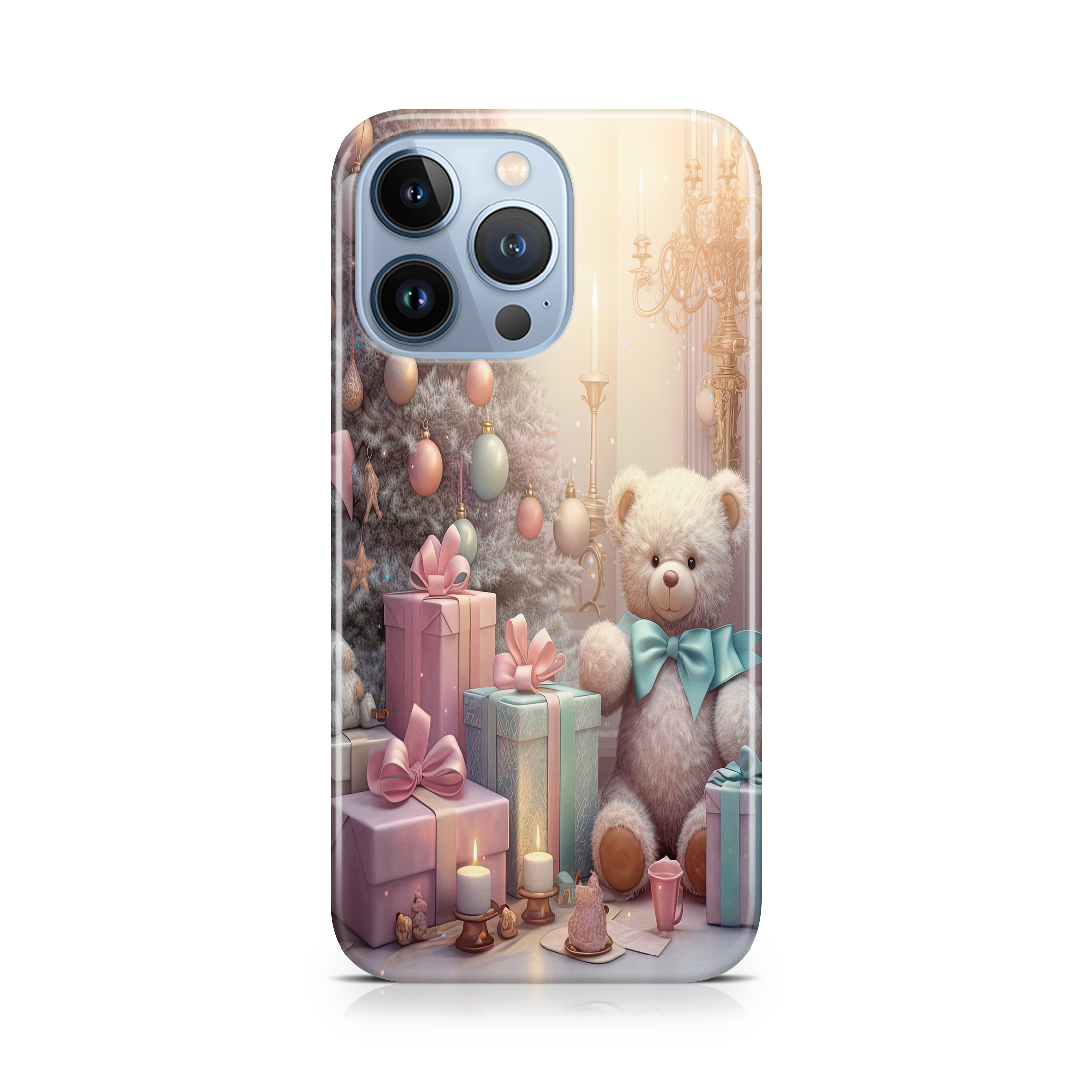 Phone case with a teddy bear and gift boxes design on a white background