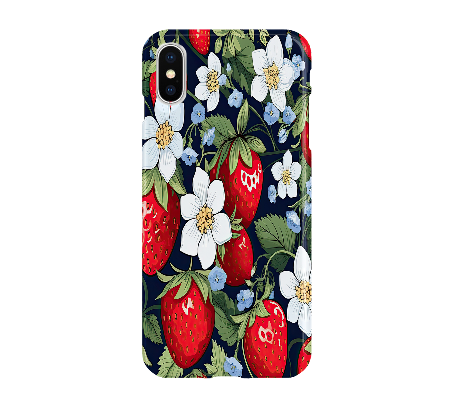 Phone case with strawberry and flower design on a dark blue background