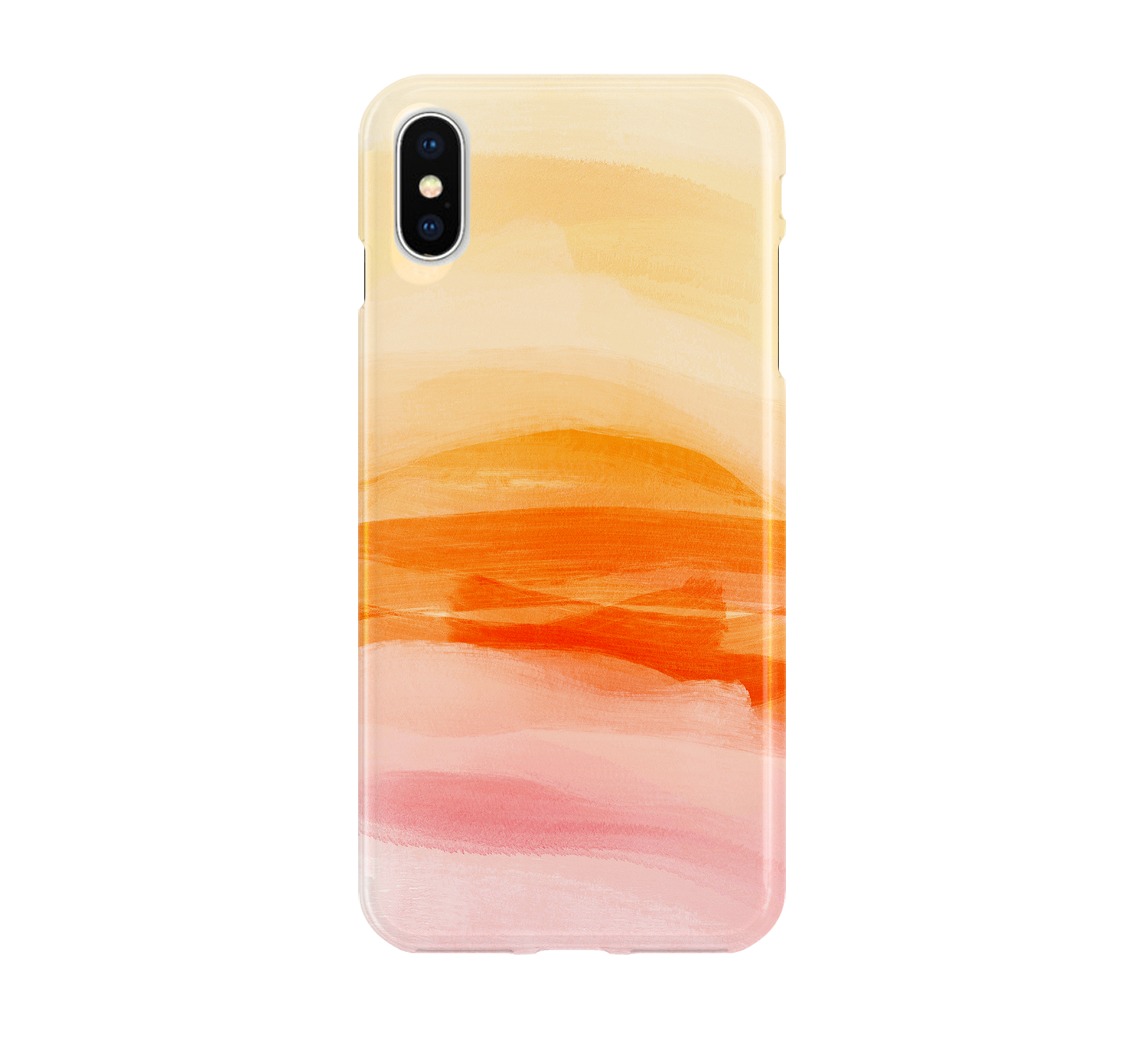 Phone case with a gradient design transitioning from yellow to orange to pink on a white background