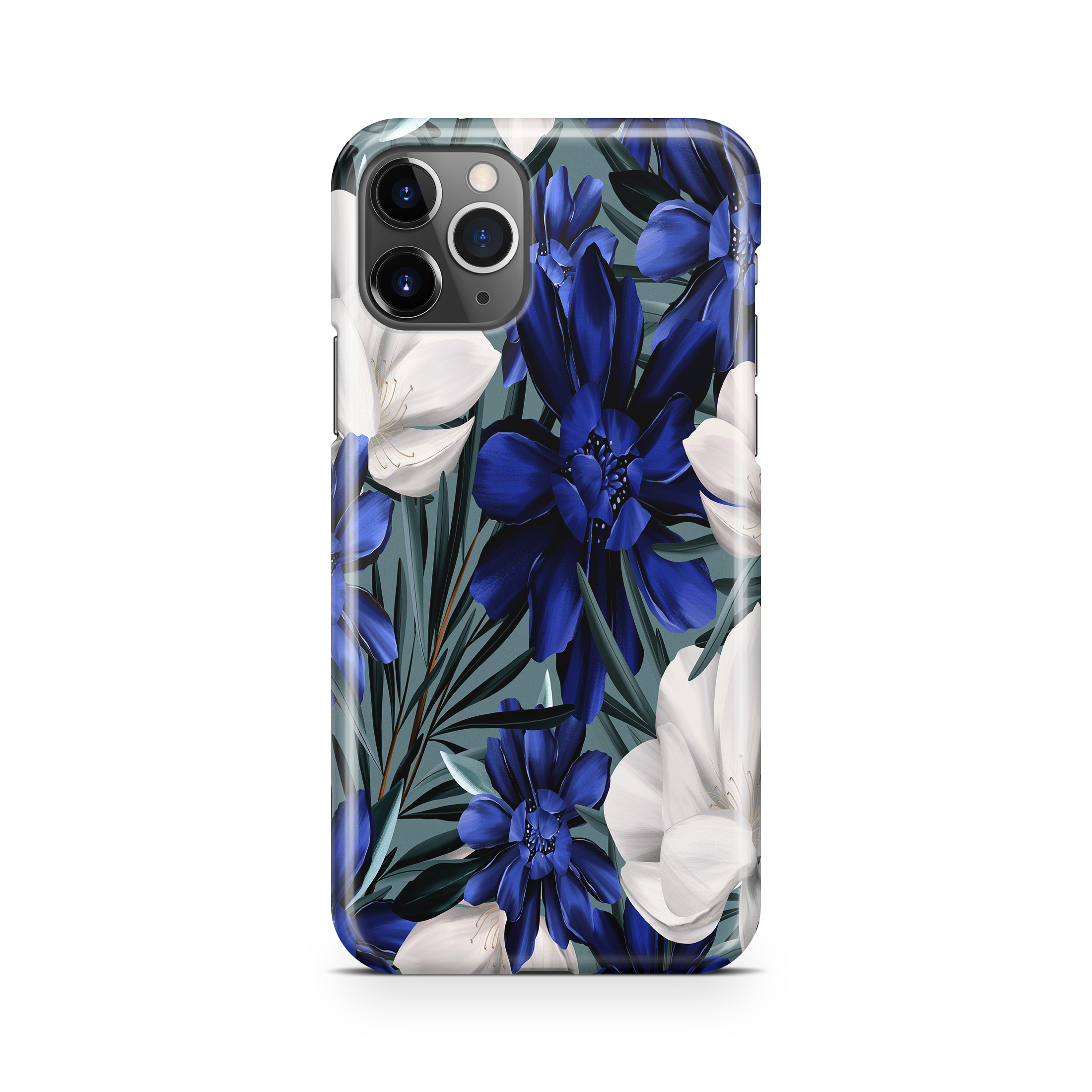 Phone case with blue and white floral design on a white background