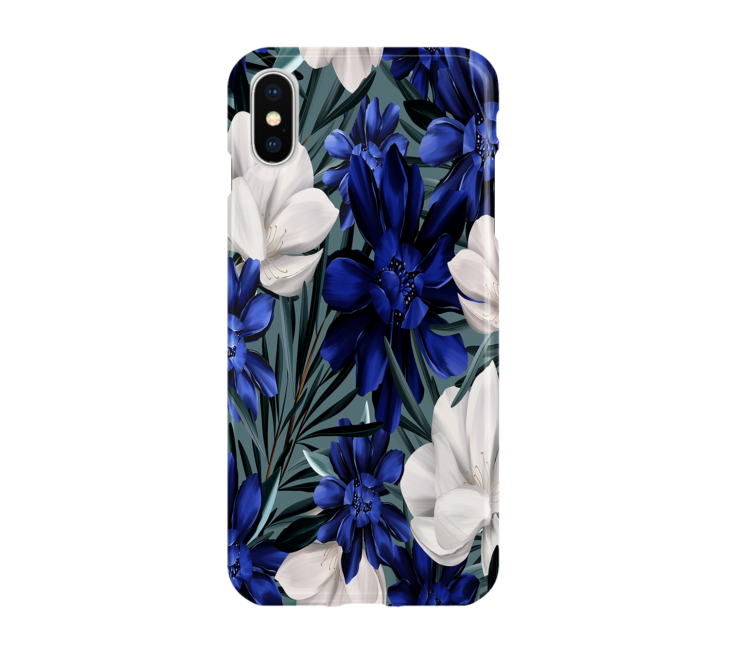 Phone case with blue and white floral design on a white background