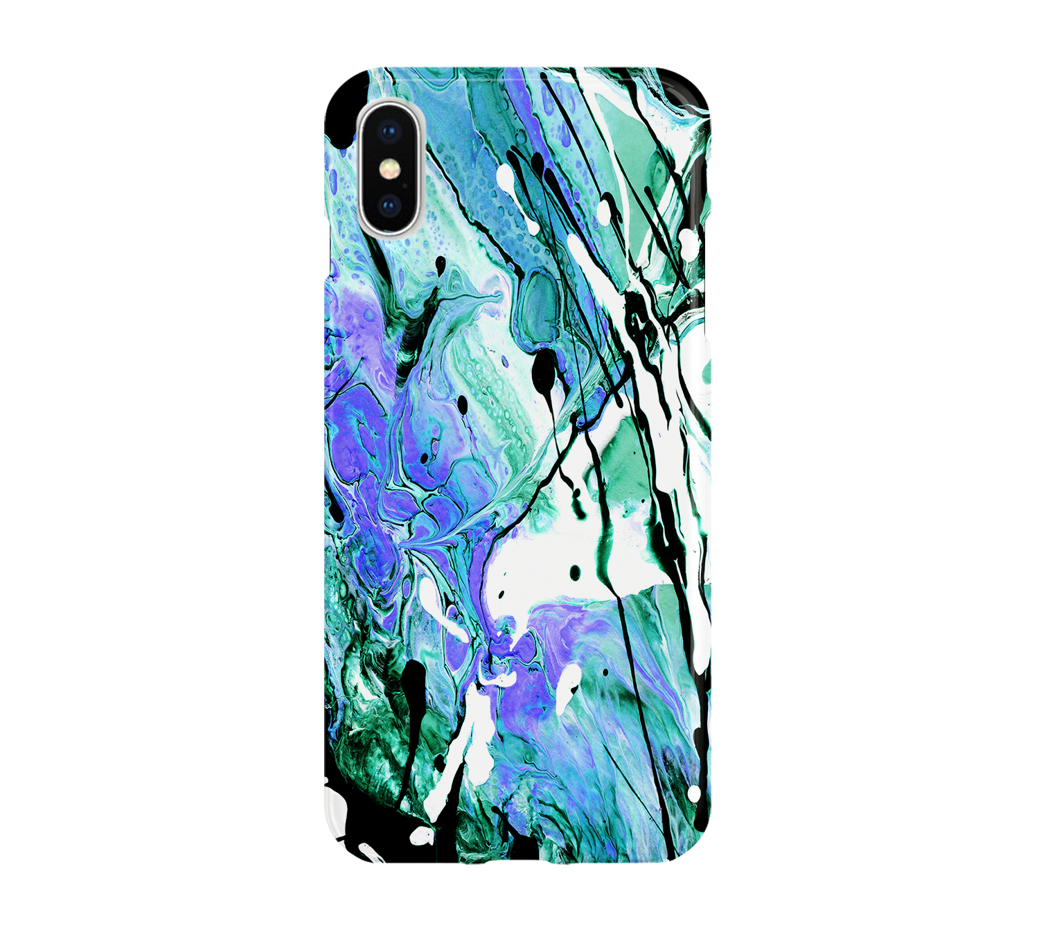 Phone case with abstract design in blue, green, and black on a white background
