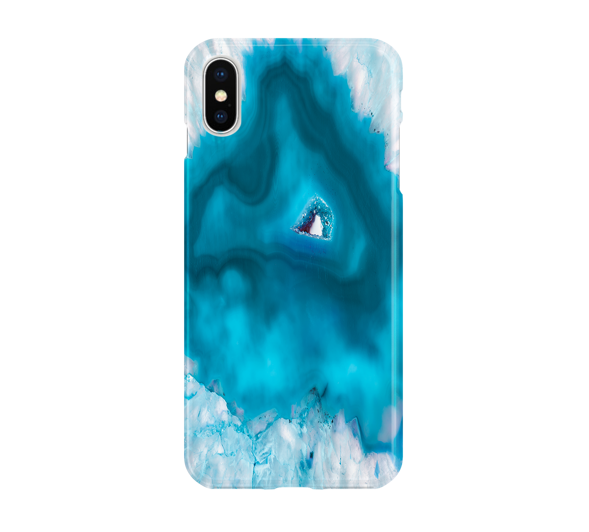 Phone case with blue and white marbled design on a white background
