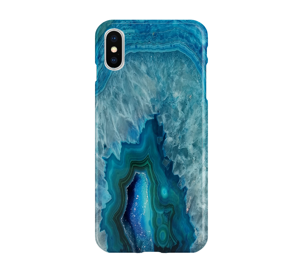 Phone case with a blue and white agate design on a white background