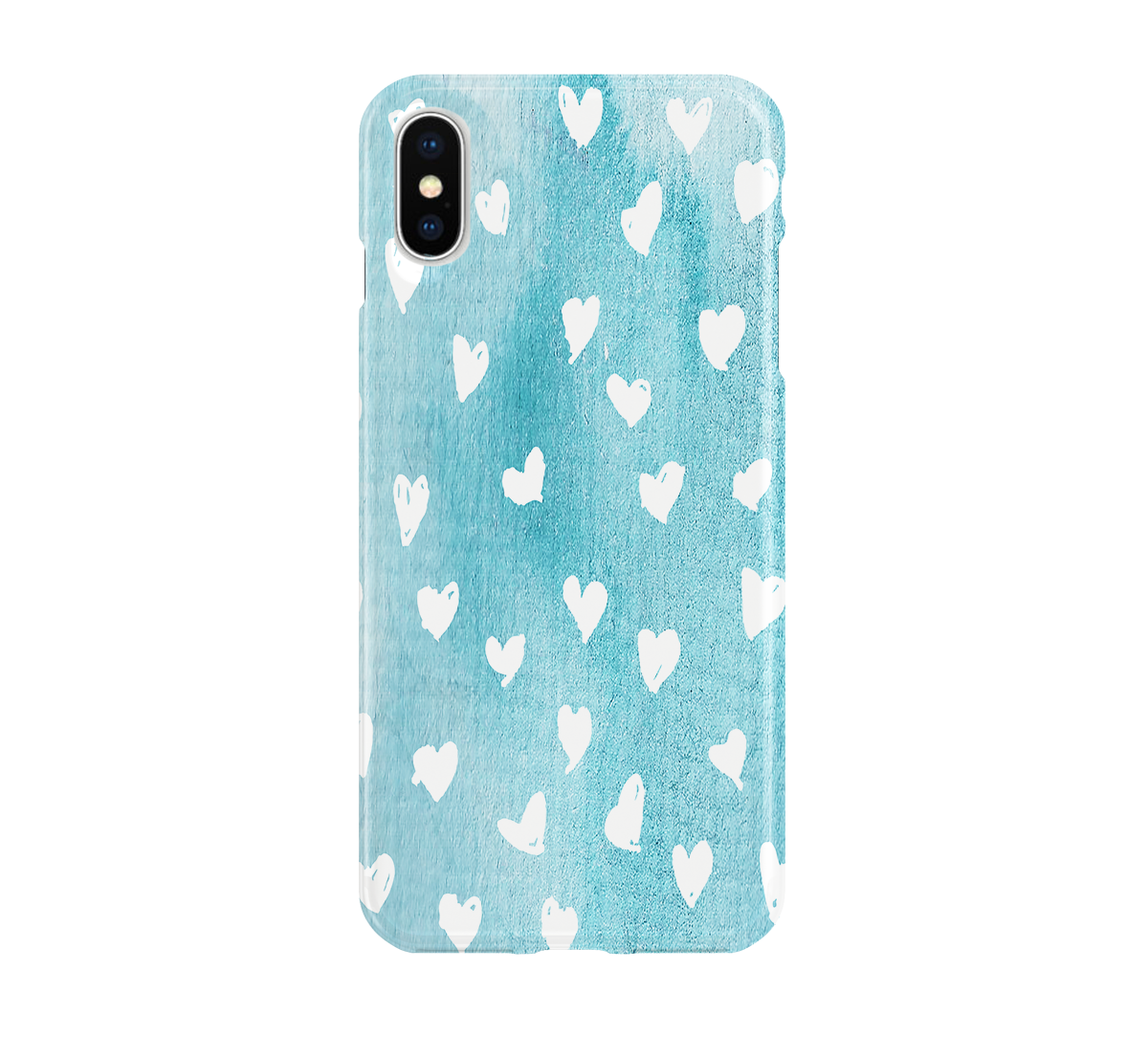 Phone case with white heart pattern on a blue background