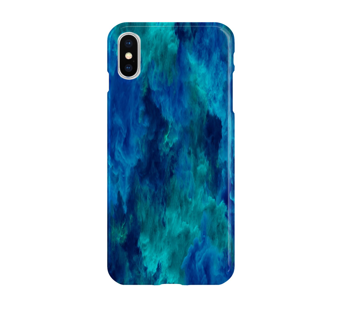 Phone case with blue and green abstract pattern on a white background