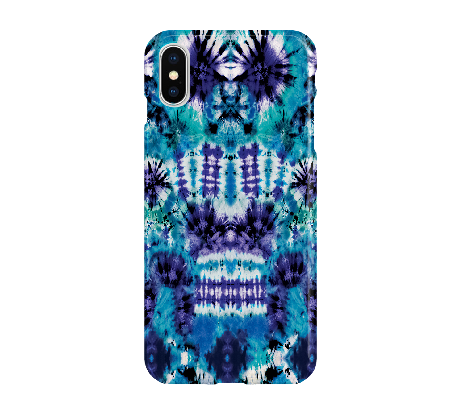 Phone case with blue and purple tie-dye pattern on a white background
