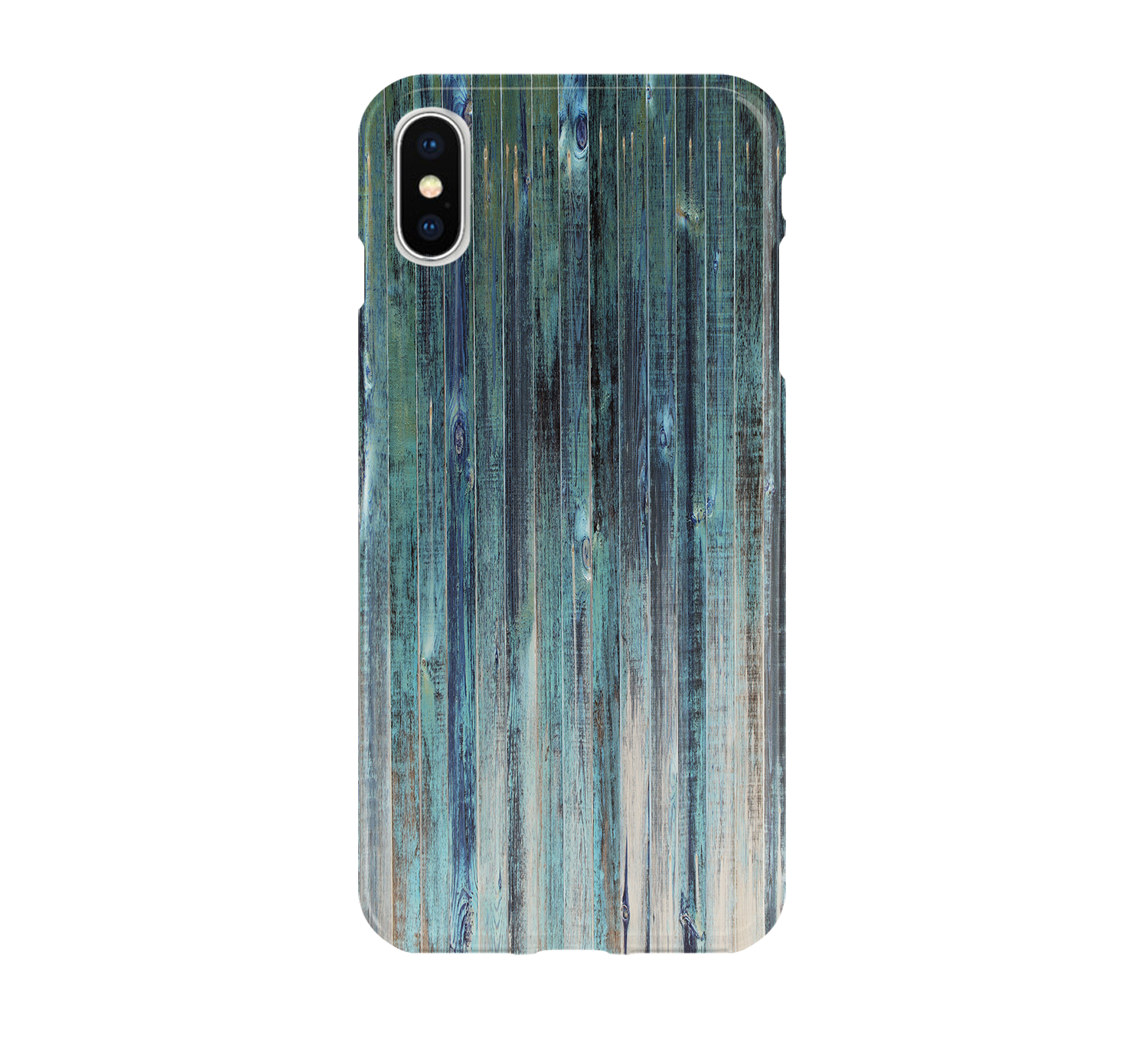Phone case with blue and green striped pattern on a white background