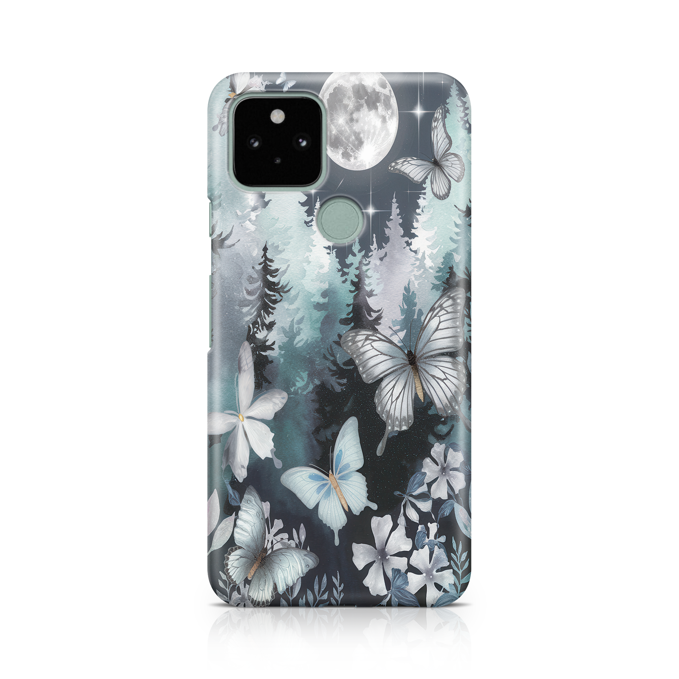 Phone case with butterfly and moon design on a white background