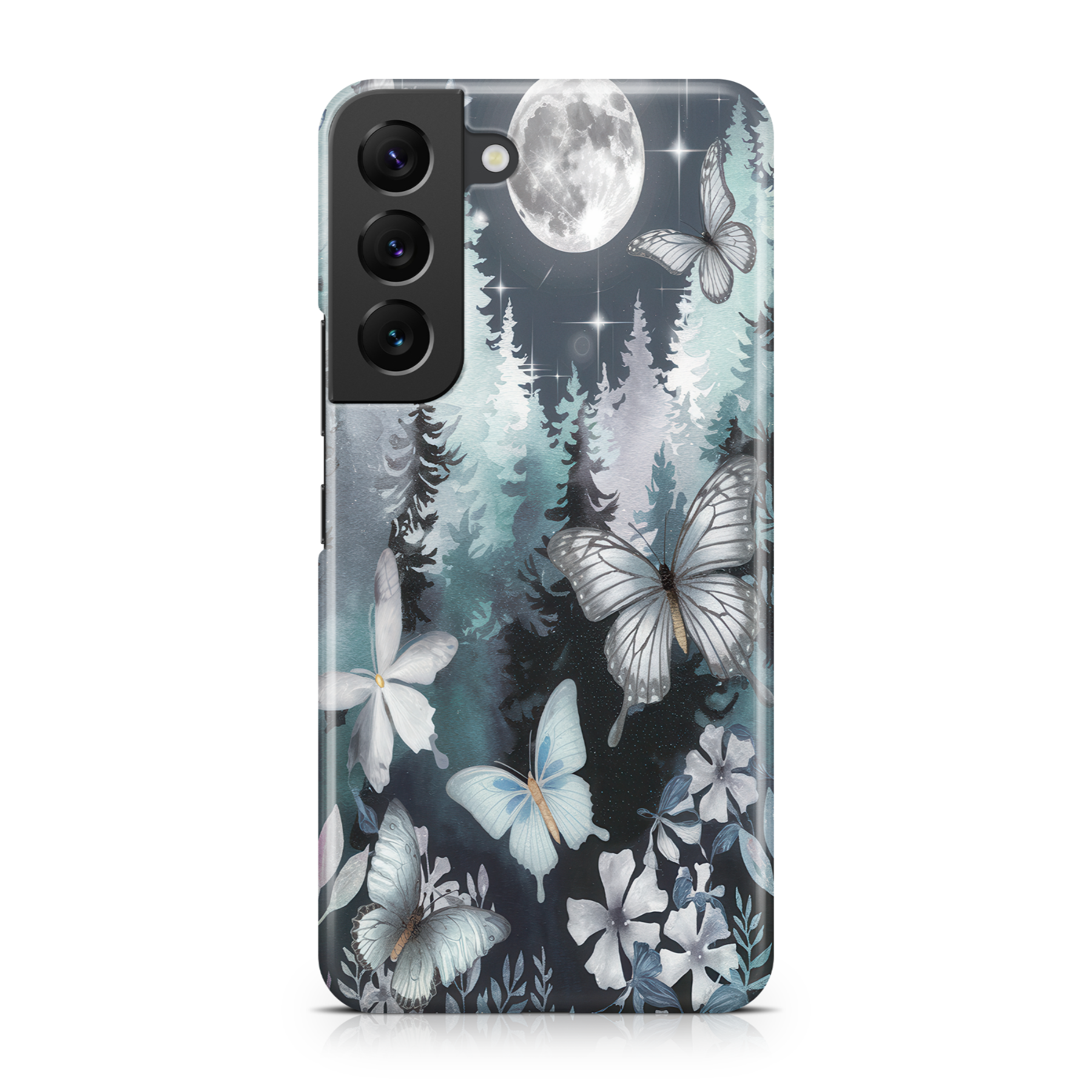 Phone case with butterfly and forest design on a white background