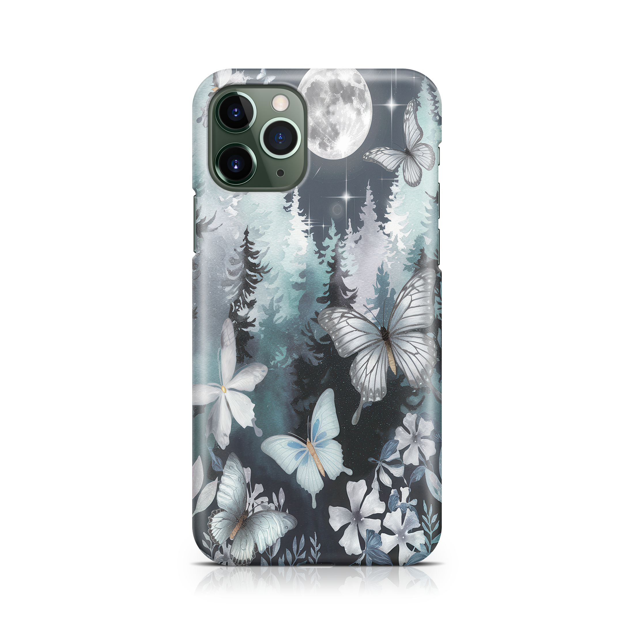 Phone case with butterfly and forest design on a white background