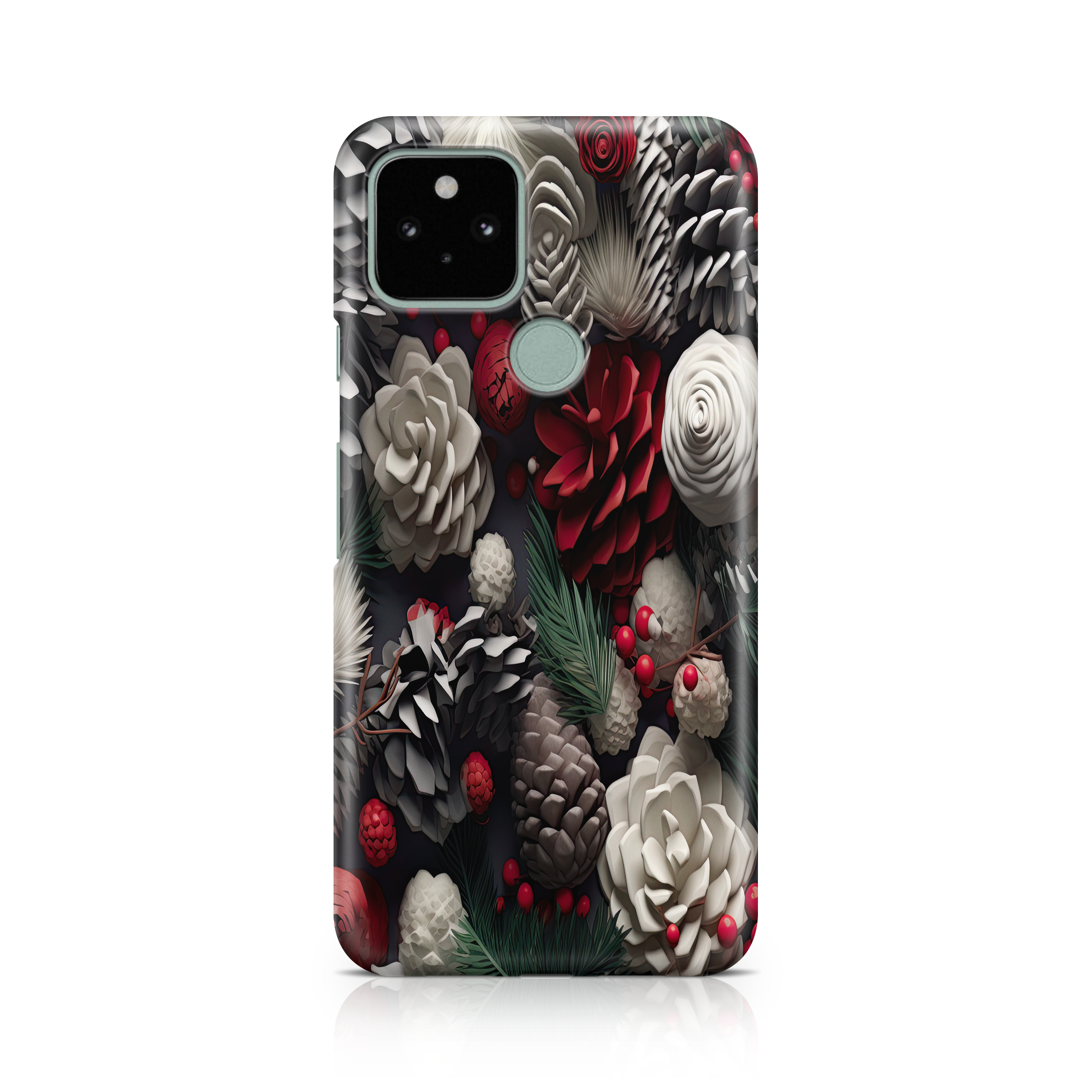 Phone case with floral and pine cone design on a white background
