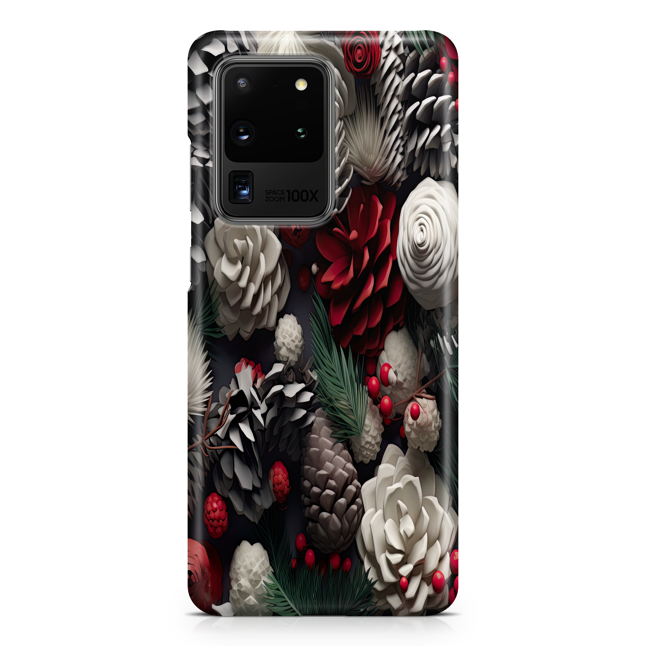 Phone case with floral and pine cone design on a white background