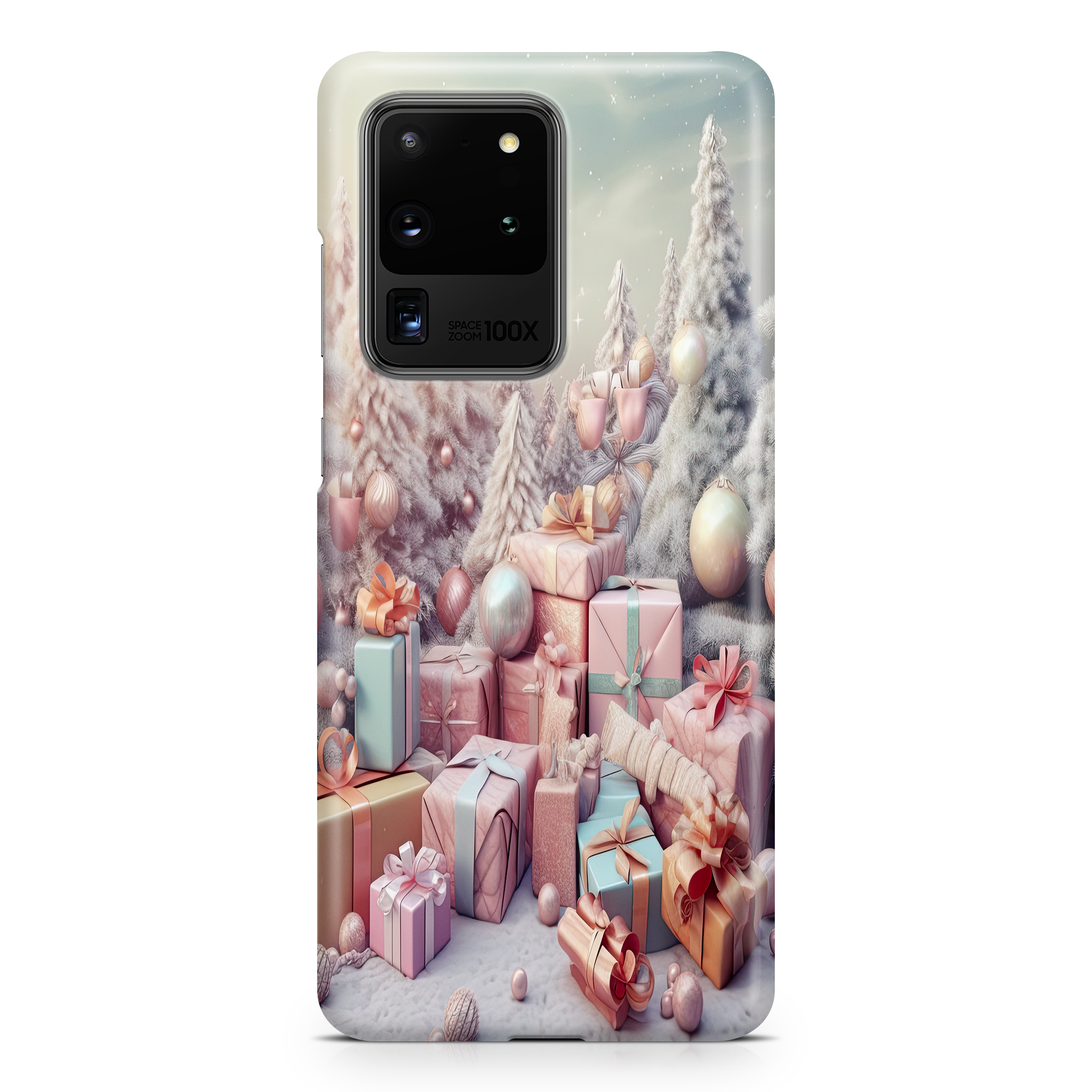 Phone case with Christmas-themed design featuring presents and a tree.