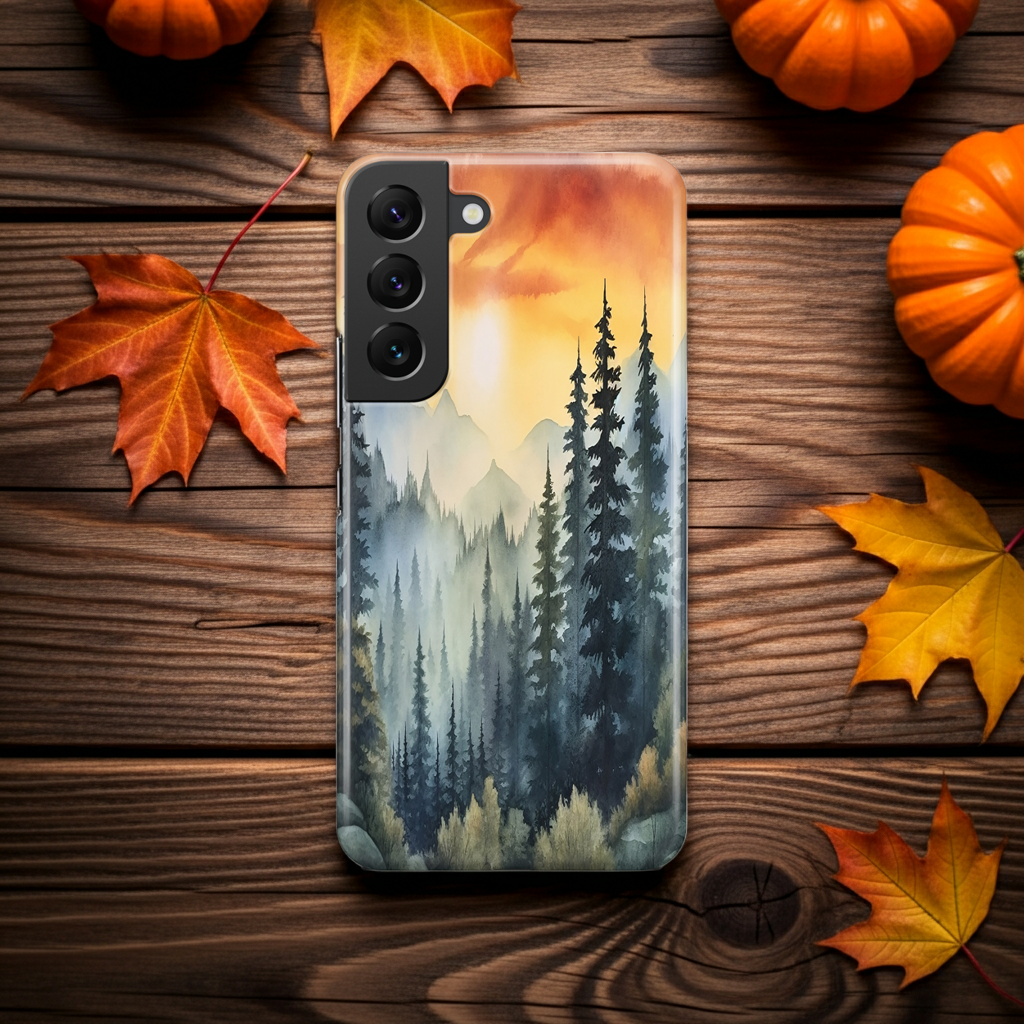 Phone case with forest design on a wooden surface with pumpkins and leaves