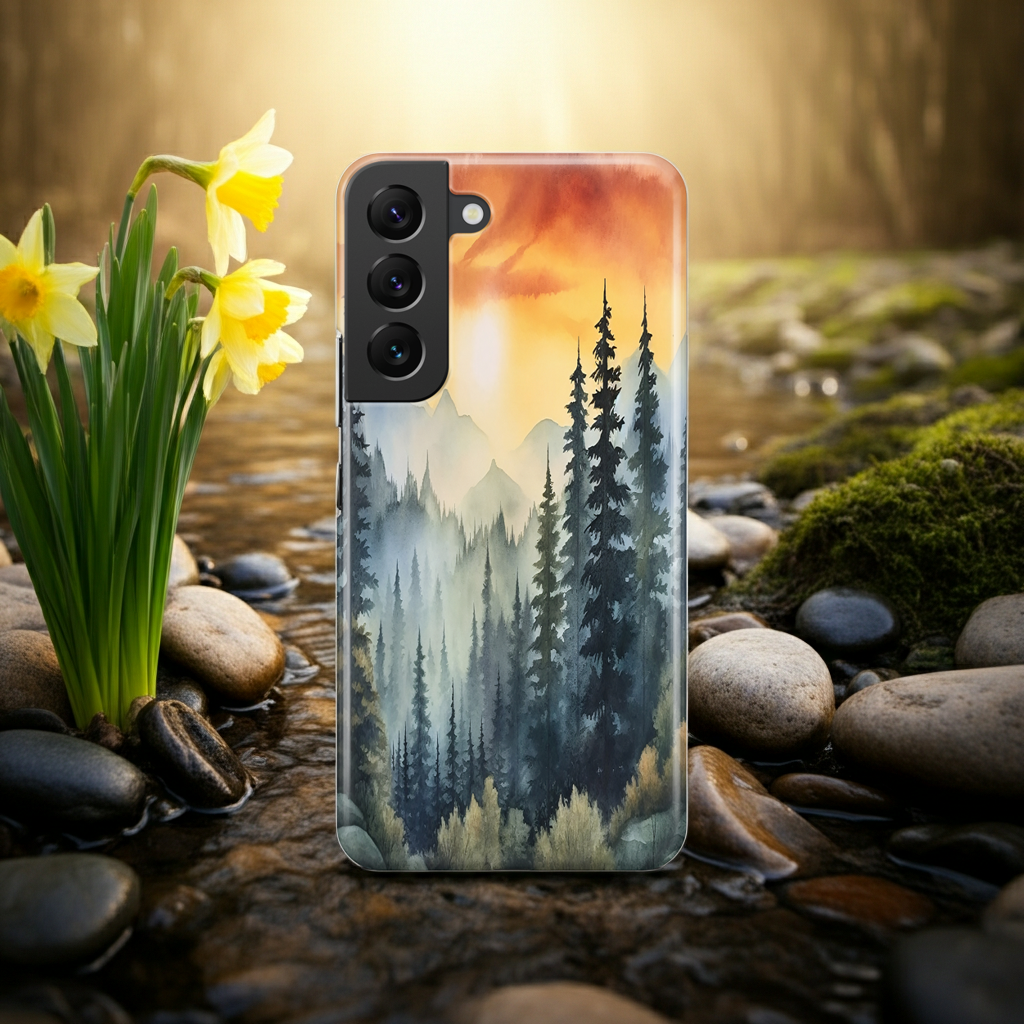 Phone case with nature design on a stone surface with flowers