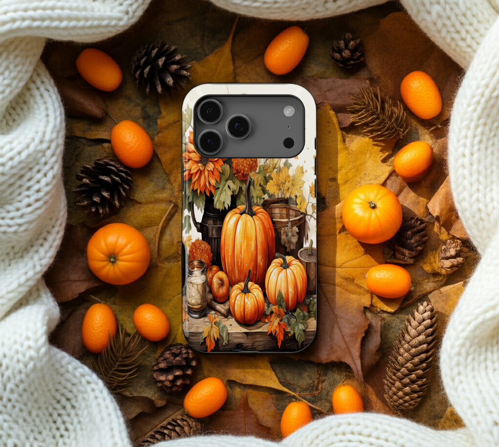 Phone case with autumn design surrounded by pumpkins, leaves, and pinecones on a wooden surface.